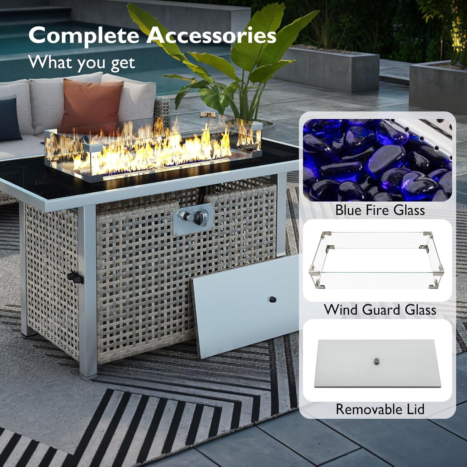 Propane Gas Fire Pit Table, Outdoor Fire Pits & Fireplaces, 60000 BTU Rectangular Open Weave Wicker Fire Pit with Glass Wind Cover for Outside Patio Deck Garden Backyard, Grey