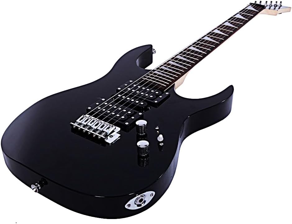 Dorill Black Electric Guitar Package, Full-Size, 24 Fret Rosewood Fretboard, Sawtooth Inlays, Maple Neck, with Gig Bag, Strap, Instrument Cable, Pick, and Whammy Bar