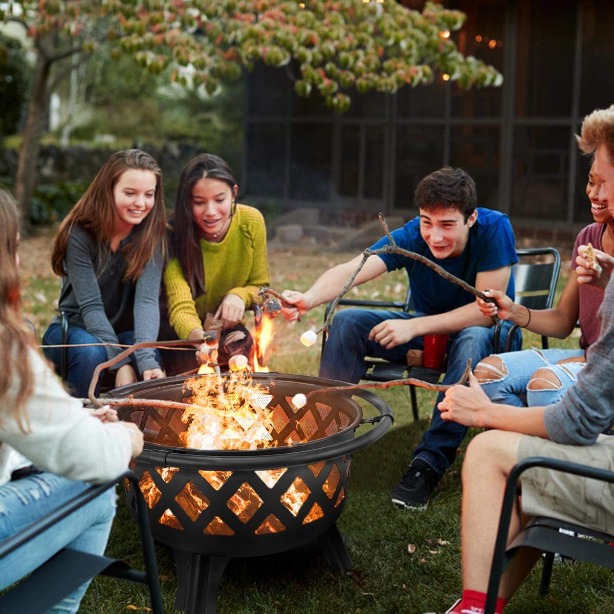 30 Inch Fire Pits for Outside with Grill Wood Burning Firepit Large Steel Firepit Bowl for Patio Backyard Garden Camping with Swivel BBQ Grill, Ash Plate,Spark Screen, Poker