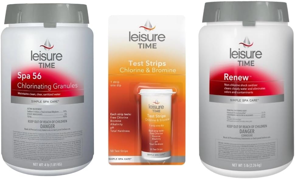 Leisure Time Spa Care Kit | Spa 56 E5 Chlorine Granules, Renew RENU5 Shock, 45006A Test Strips | Weekly Hot Tub Sanitizer, Oxidizer & Water Balance Kit