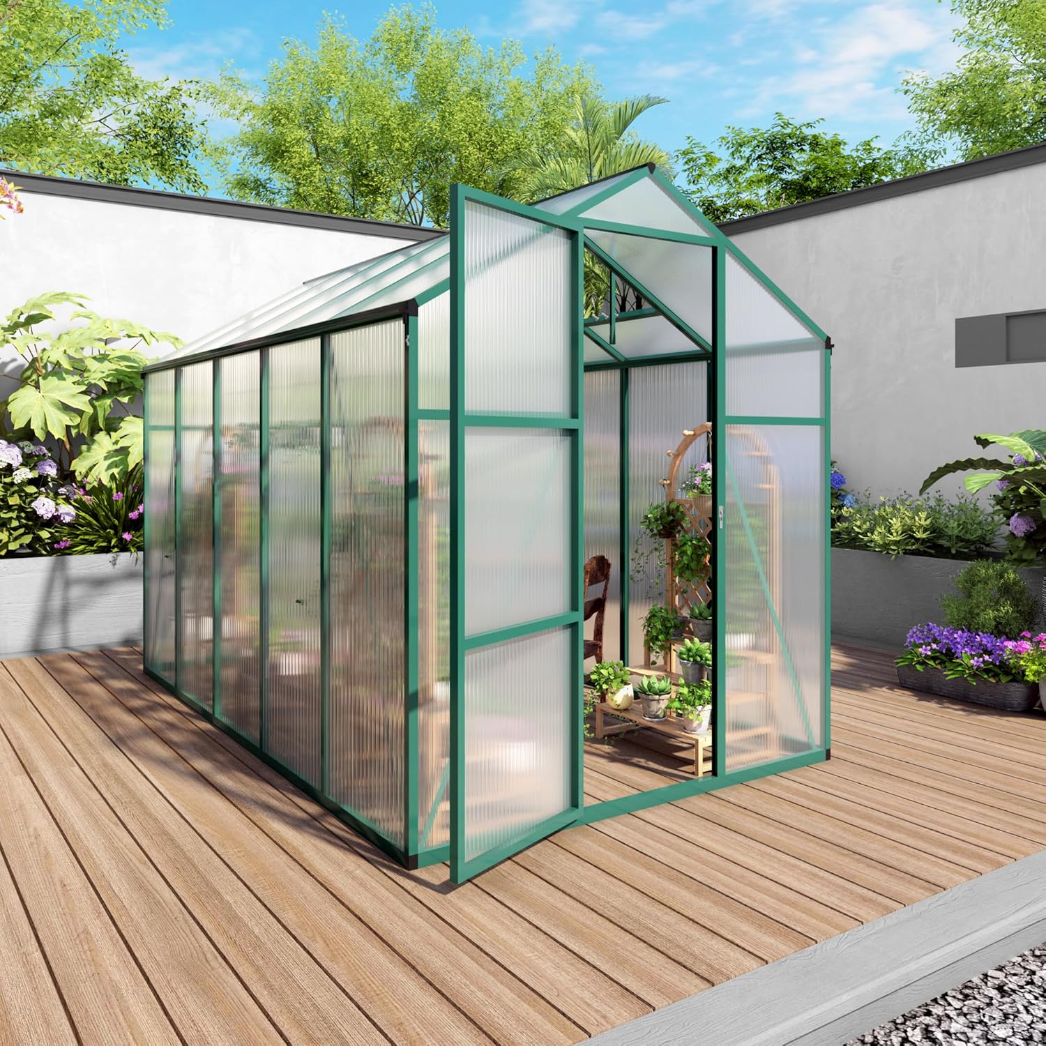 6x10 FT Polycarbonate Greenhouse with Raised Base & Anchors, Heavy-Duty Aluminum Walk-in Garden Greenhouse, Windproof All-Season Outdoor Green House with UV-Resistant Panels & Drainage System, Green