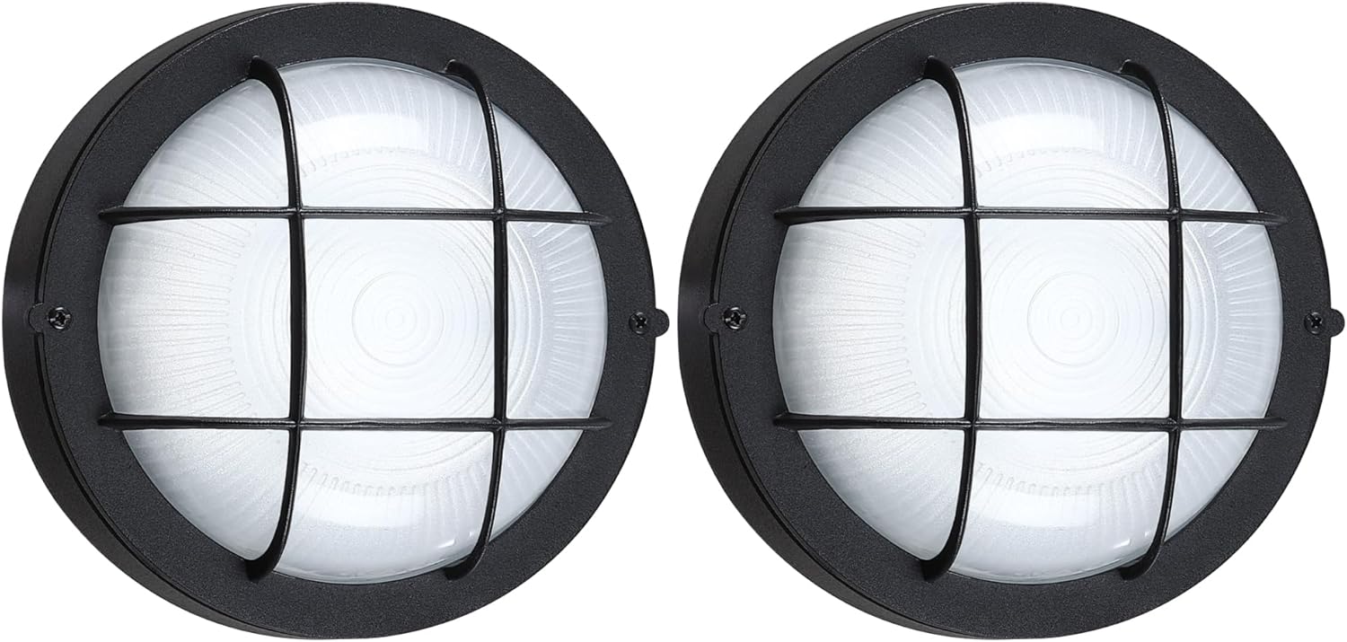 GRUENLICH 8'' Round LED Bulkhead Light, Outdoor Wall Lights Dimmable, Sauna & Exterior Lighting, ETL Rated, 15W 1600 Lumen, 5000K Daylight White, Black Cast Aluminum, Wall/Ceiling Mount, 2 Pack