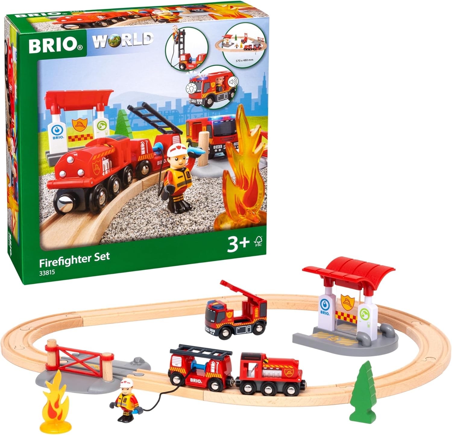 BRIO World Rescue Firefighter Set - 18-Piece FSC-Certified Wood Train Set & Accessories - Fire Train Engine with Lights and Sound, Wooden Tracks & More - Works with All Wooden Train Sets - Ages 3 & Up