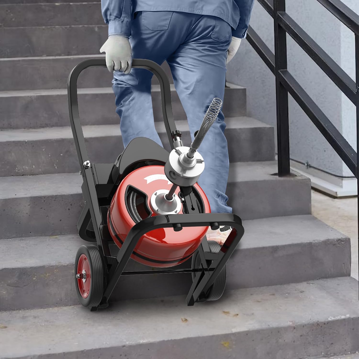 Electric Drain Cleaning Machine 100Ft 1/2 Inch, 450W Auto Feed Portable Sewer Snake, Drain Auger with 6 Cutter and Air-Activated Foot Switch for 2