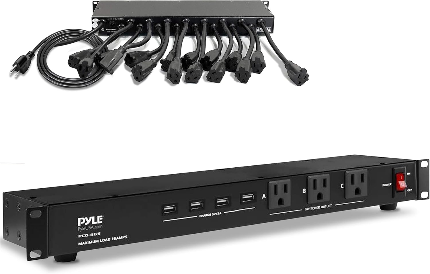 Pyle 19 Outlet 1U Rackmount Power Distribution Unit - Surge Protector - 15 Amp Circuit Breaker - 4 USB Ports - 15FT Cord - Power Supply for Servers, Audio Equipment, Home/Office Use - PCO865