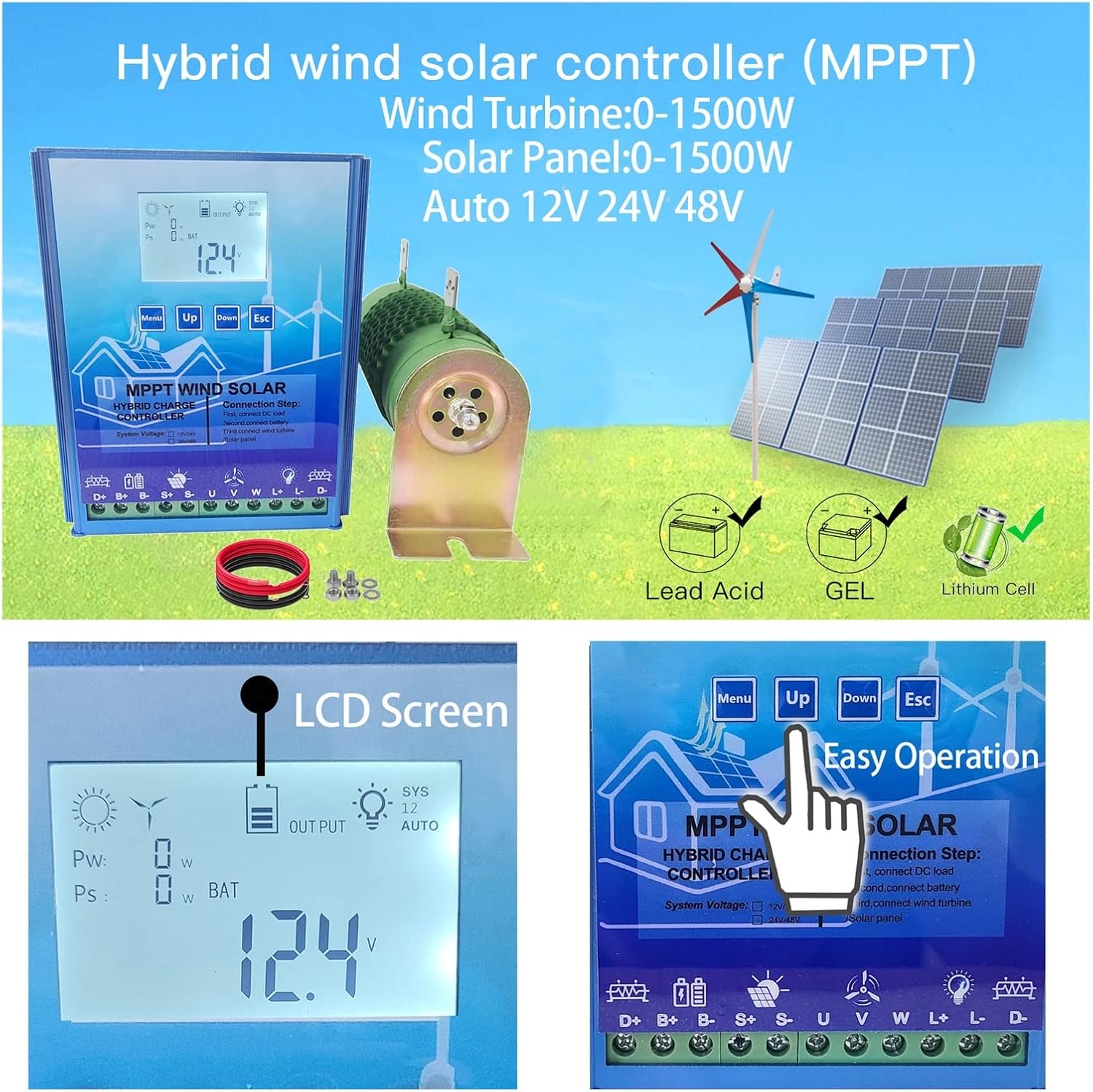 3000W MPPT Hybrid Solar Wind Charge Controller 12V 24V 48V PV Wind Turbine Regulator for Lifepo4 Lithium Gel Lead Acid Battery - Solar Controller(Wind1.5KW Solar1.5KW,Auto 12V24V)