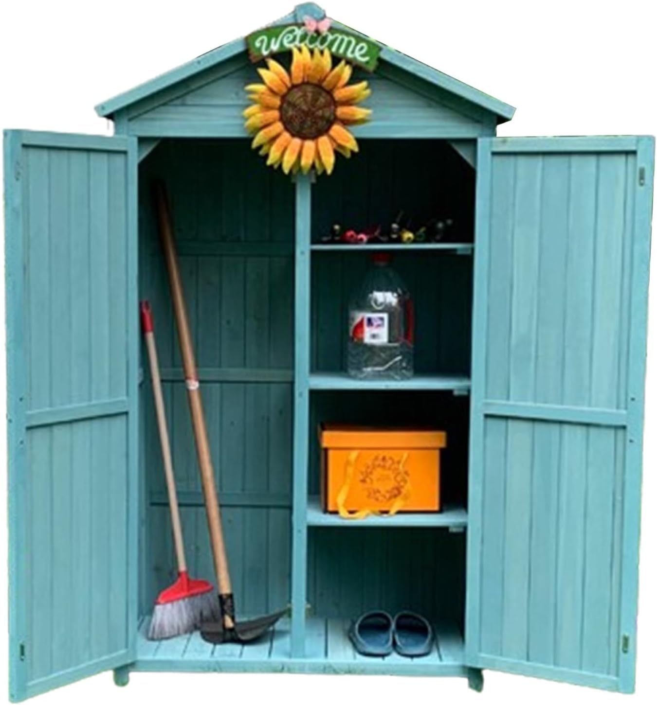 Multi Compartment Storage Cabinet, Outdoor Garden Patio Wooden Storage Cabinet with Adjustable Shelf, Organizer Cabinet with Tilted Asphalt Roof, for Outside Garden (One Color Blue)