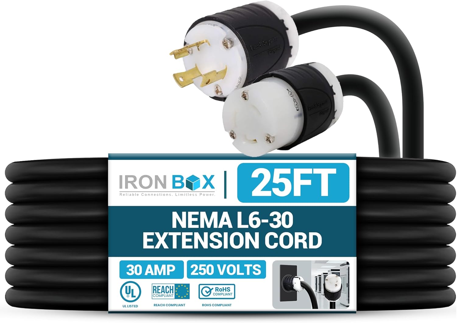 IronBox Electric - NEMA L6-30 Extension Cord - Rated for 30A, 250V - 10 AWG - Power Cable for Generators, PDU, Backup Power System, Industrial Equipment - Ideal for Indoor & Outdoor Use (25 ft, Build)