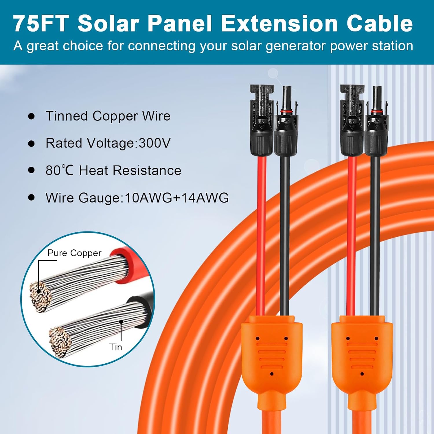 Solar Panel Extension Cable 75FT - MOOKEERF 10AWG+14AWG Solar Wire with Female & Male IP68 Waterproof Connector for RV, Photovoltaic Systems, Home, Boat, Solar Panels, Car