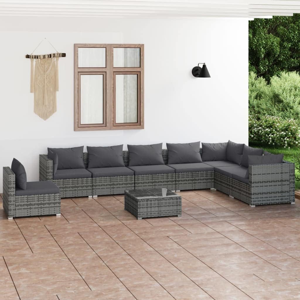 9 Piece Patio Lounge Set with Cushions Poly Rattan Gray,Patio Lounge Set with Modular and WeatherResistant, Design for Outdoor Comfort Patio Furniture Sets, Outdoor Furniture Sets