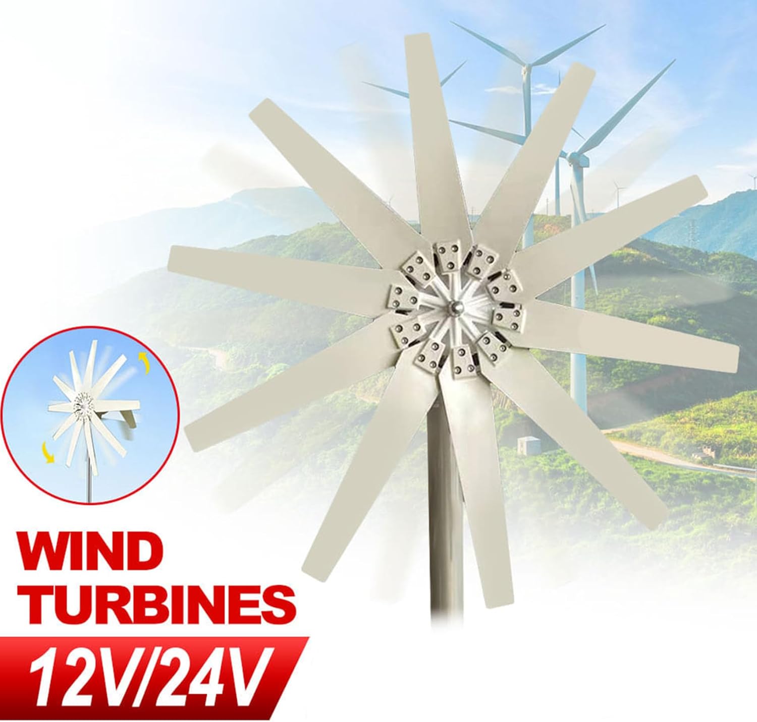 12V,HYZHANHONG 12V 24V 48V Wind Turbine Generator Kit 10000W 10 Blade Wind Power Generator Equipped with Inverter for Boats Terraces Cabins Or Home