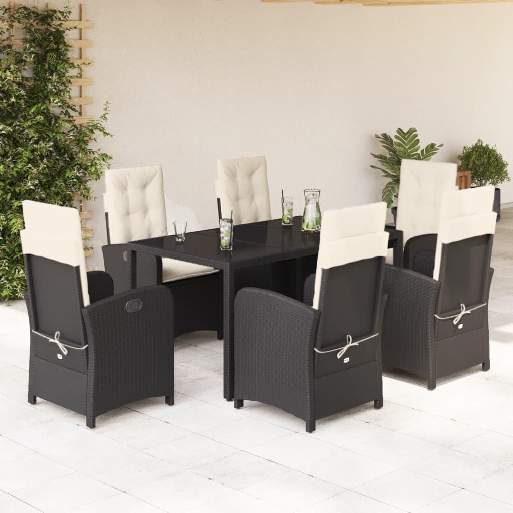 7 Piece Patio Dining Set with Cushions Black Poly Rattan Garden Furniture