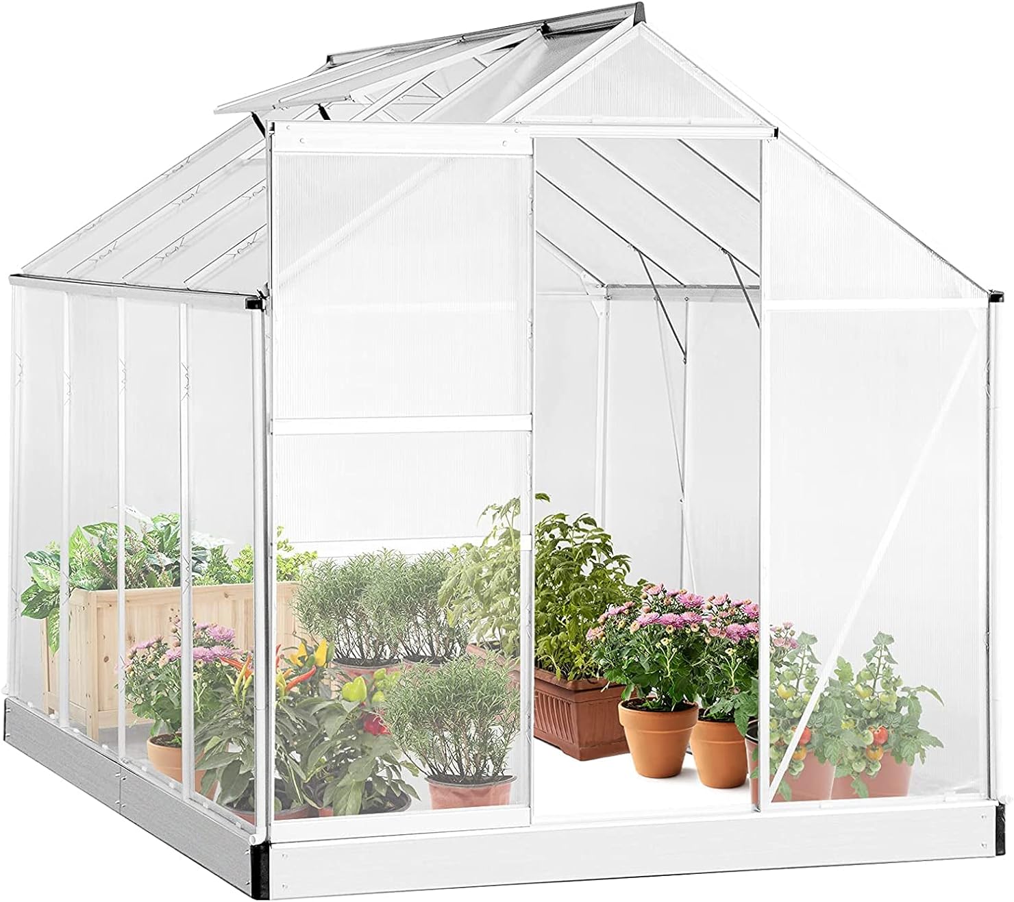 8.3' x 6.3 x 6.8' Aluminum Outdoor Greenhouse, Polycarbonate Walk-in Garden Greenhouse Kit with Adjustable Roof Vent, Rain Gutter and Sliding Door for Winter, Silver