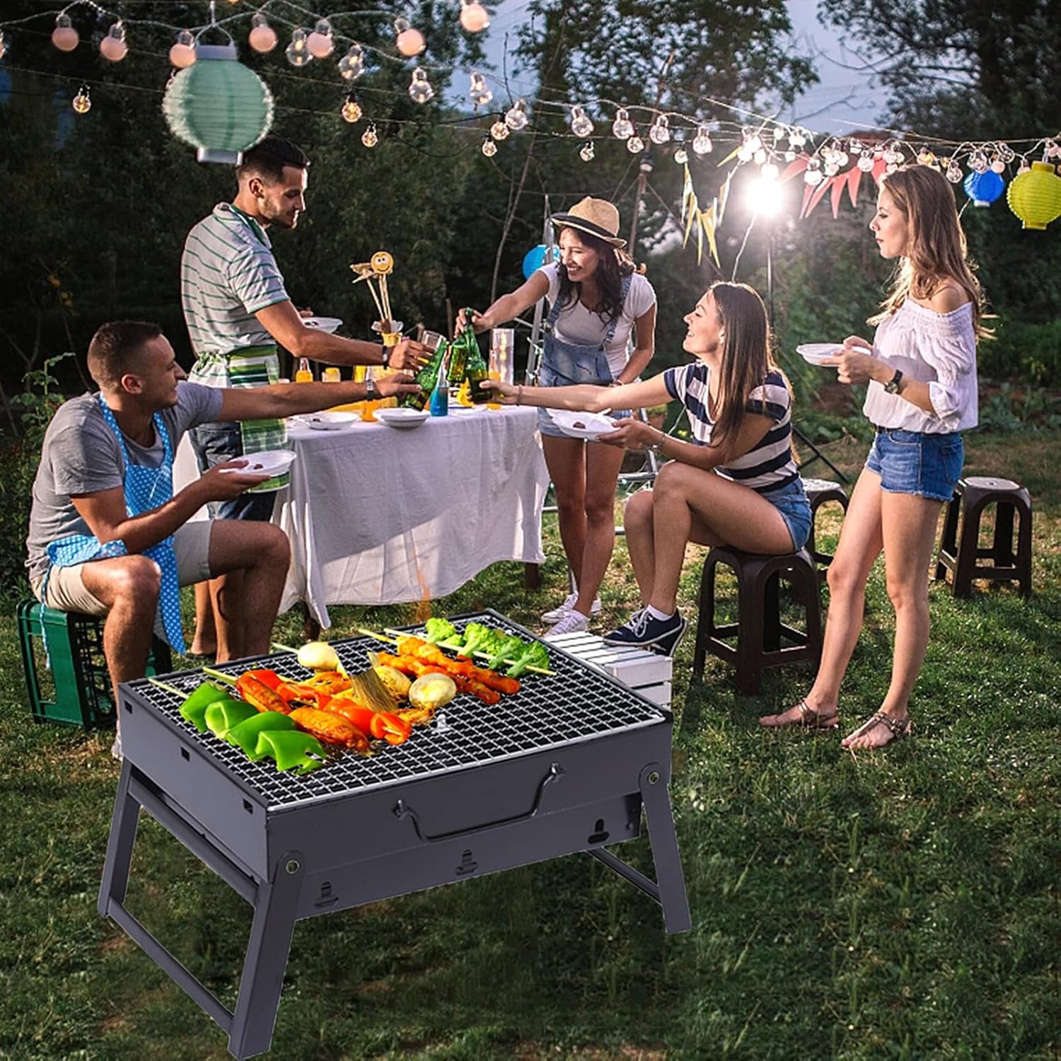 Fire Pit with BBQ Grill Shelf Folding Outdoor Garden Patio Heater Grill Wood Burning Log Burner with Poker, Grill, Grate,16.9''x11.41''x9.05''