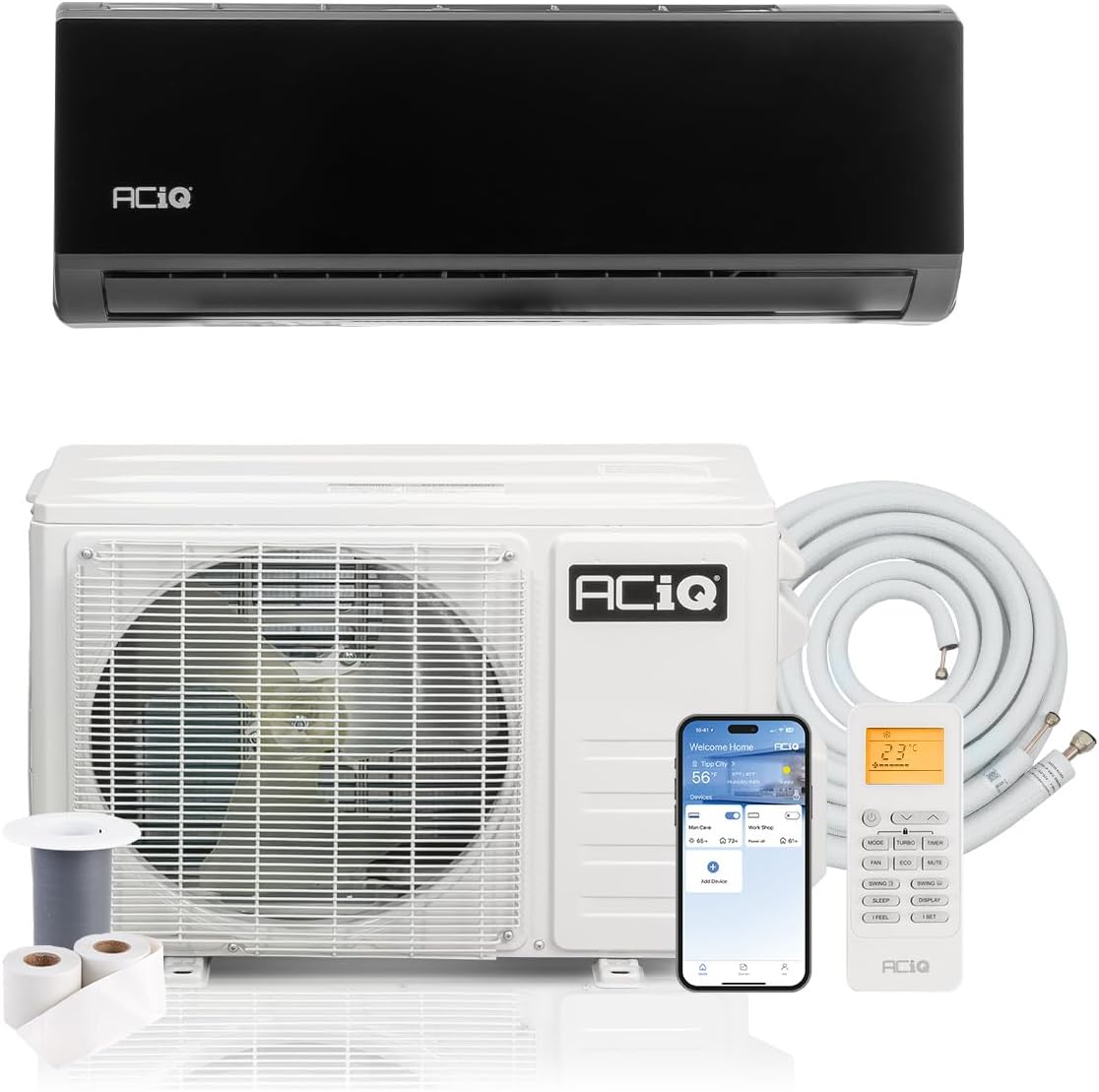 ACiQ 19 SEER2 Essentials 9000 BTU Comfortable Inverter Mini Split AC/Heating System, 0.75 Ton Black Wall Mount Ductless Heat Pump AC Unit, with 16ft Installation Kit | WiFi Control, 115V, R454B