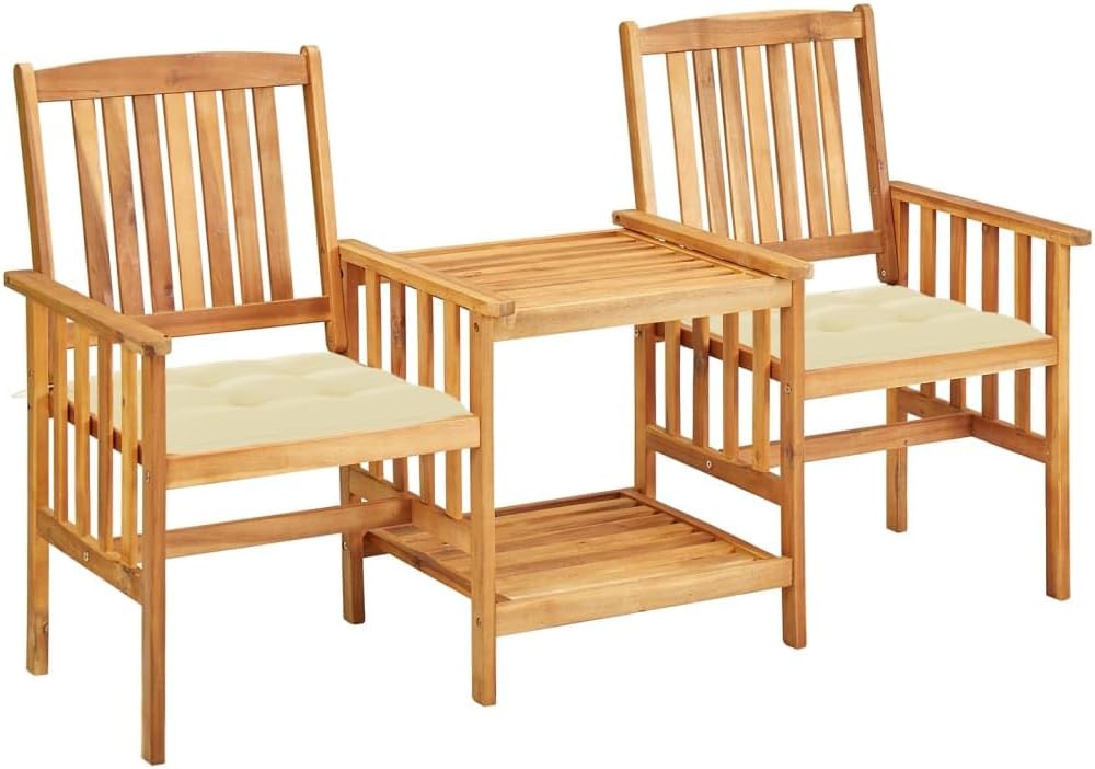 Patio Chairs with Tea Table and Cushions Solid Acacia Wood,Rustic Wooden Bistro Set for Patio and Garden with Comfortable Cushions Patio Furniture, Outdoor Furniture Sets