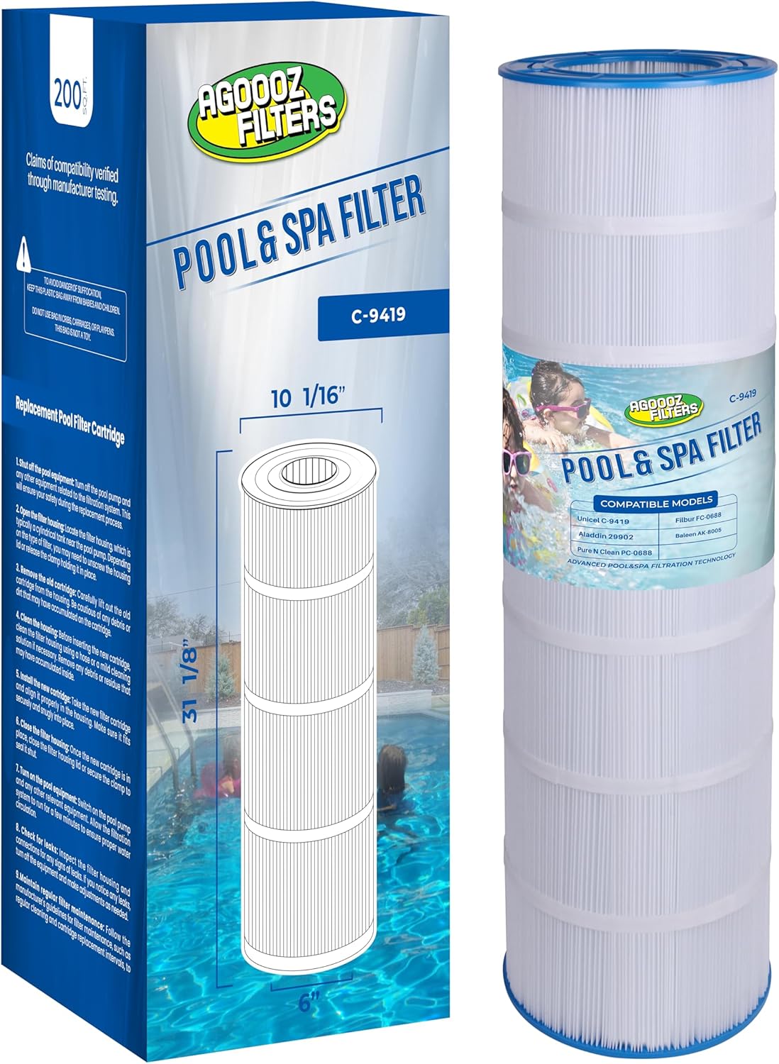 PAP200 Pool Filter Replaces Pentair Clean and Clear 200, CC200, Unicel C-9419, Ultral-C5, PP-C5, Filbur FC-0688, R173217, 59054400, Aladdin 29902, Baleen AK-8005, 200 sq.ft Cartridge, 1 Pack