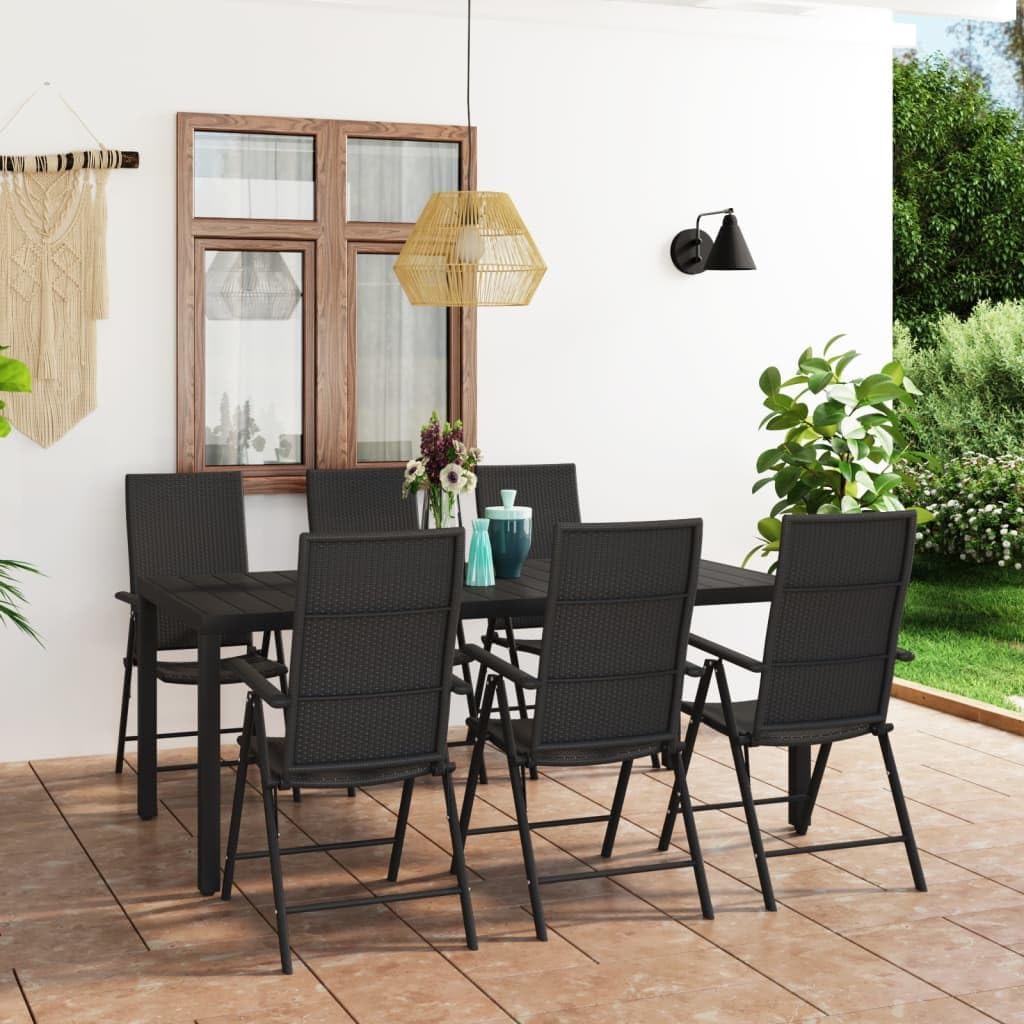 7 Piece Patio Dining Set Black,Outdoor Dining Set with Rattan Chairs and WPC Table for Patio, Garden, and Terrace Patio Furniture Sets, Outdoor Furniture Sets