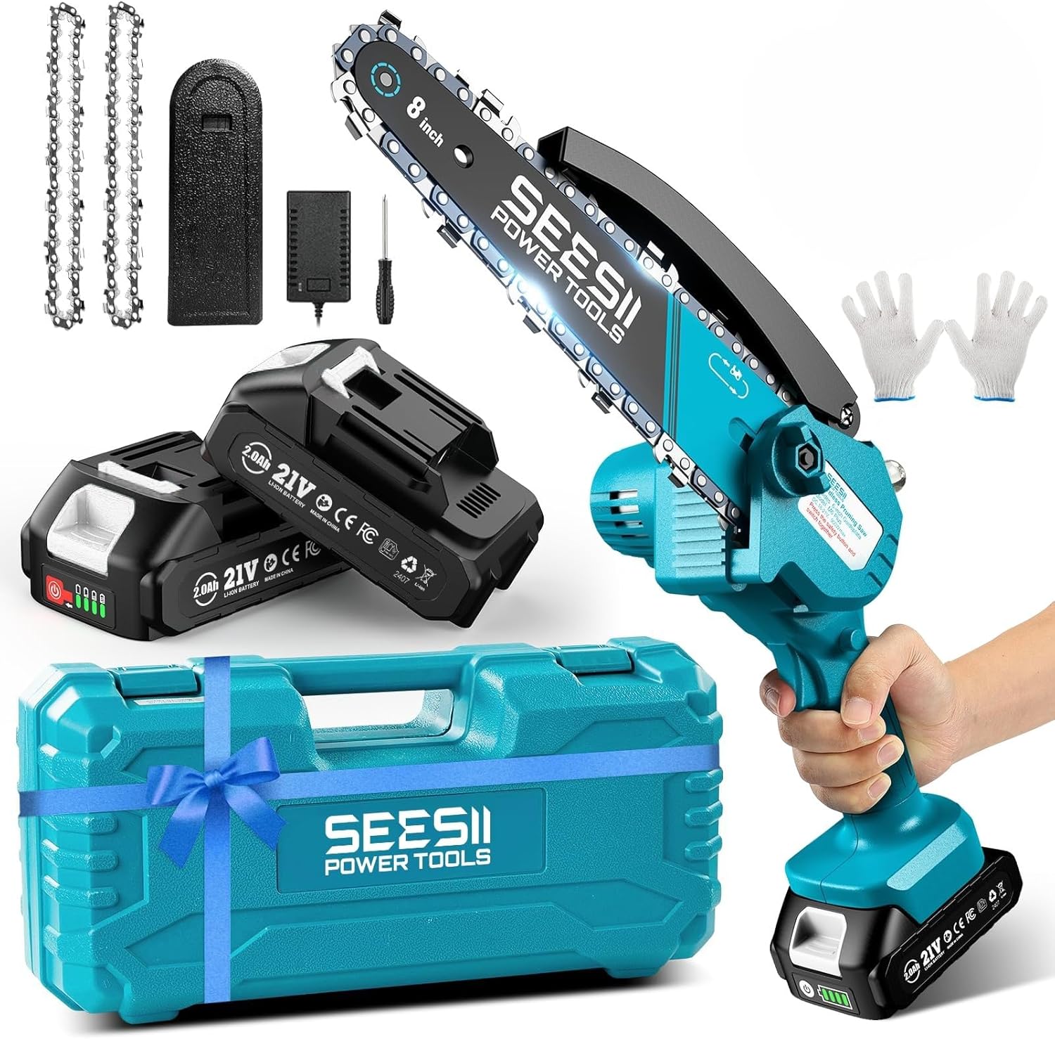 SEESII Mini Chainsaw 8 inch,Cordless Chainsaw w/ 2pcs 2000mAh Batteries,Oiler System & Replacement Chain,Handheld Chain Saw w/Safety Lock,Battery Powered Chain saw for Wood Tree Cutting,CH820+