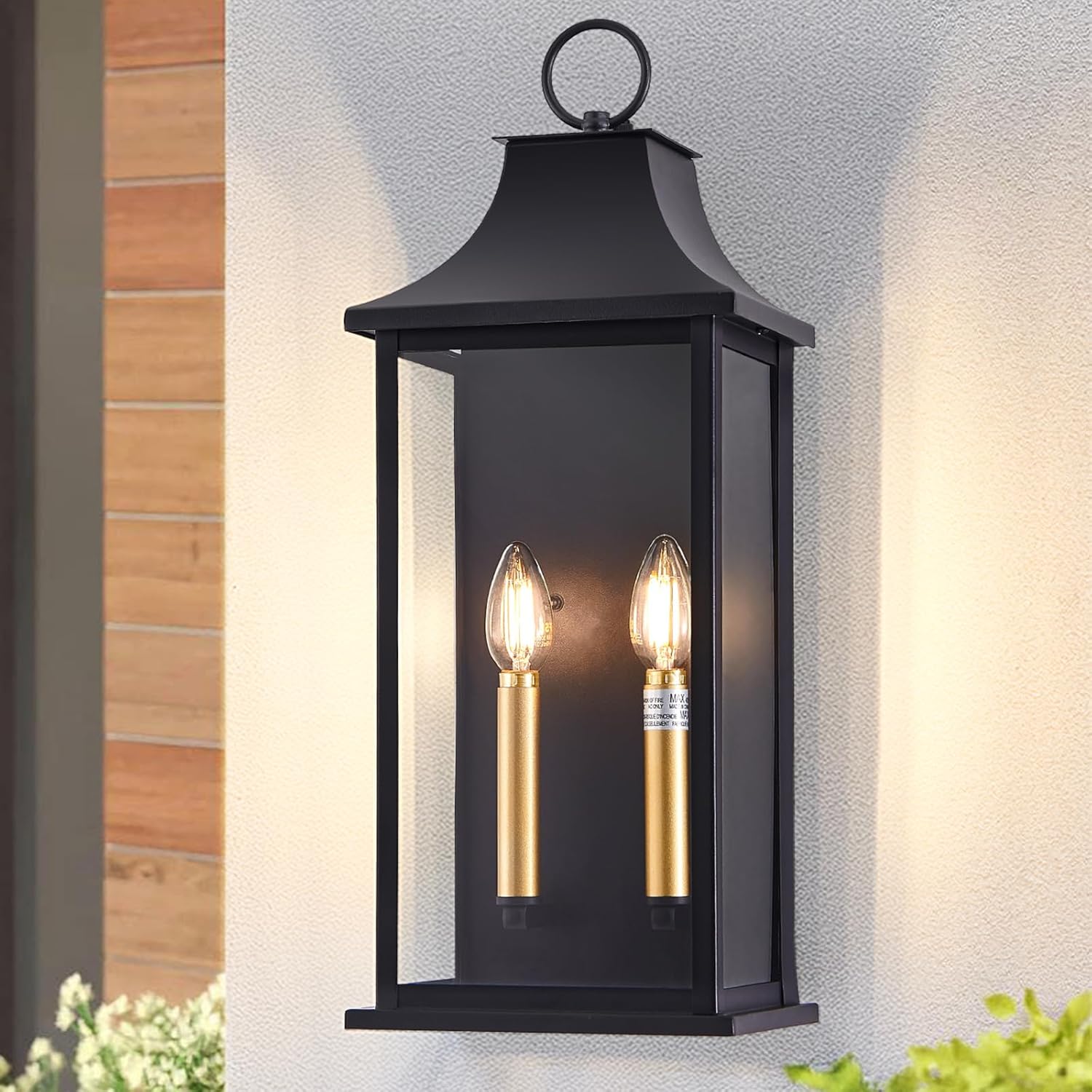 21In Large Dusk to Dawn Outdoor Wall Lights Fixture, 2-Light Black Gold Exterior Lighting Fixtures, Weather Resistant Patio Wall Light Fixture for Porch, Garage, Entrance, Backyard E12 Base