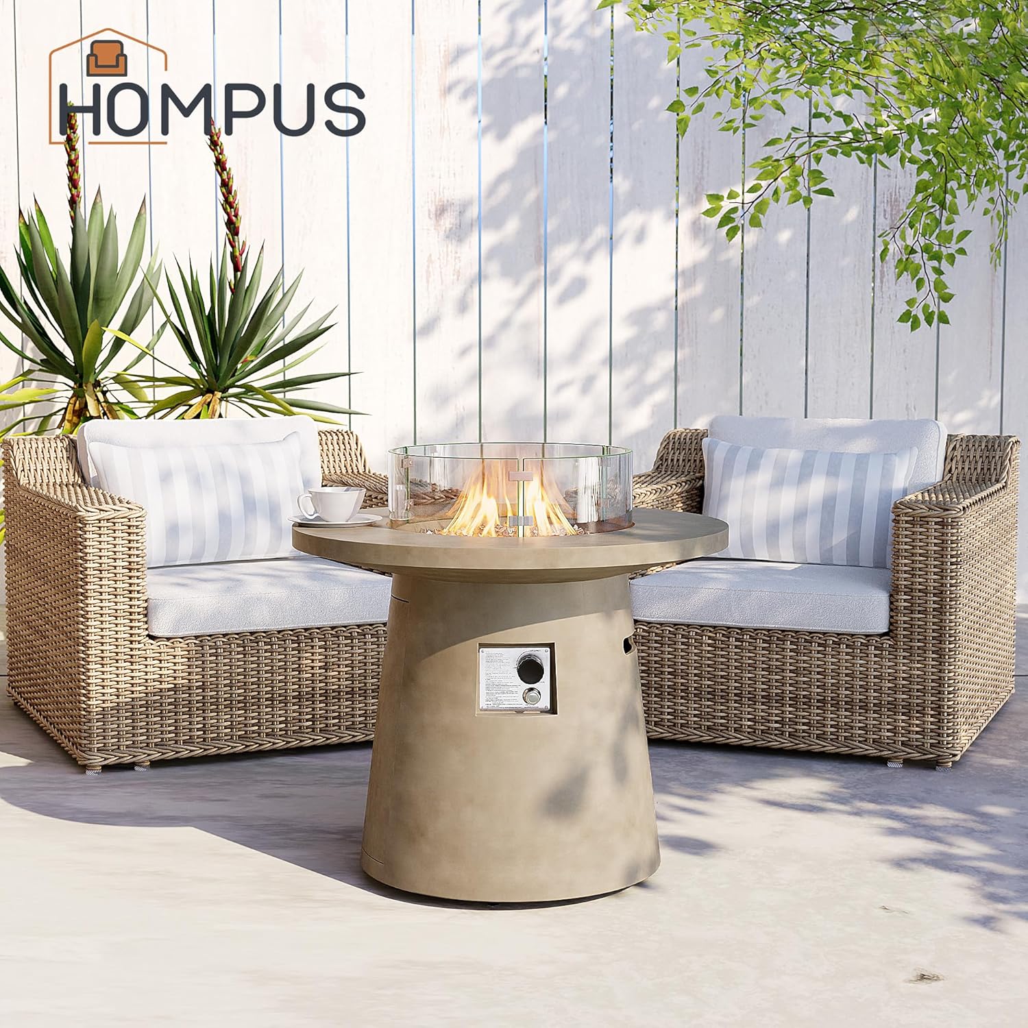 HOMPUS Outdoor Propane Fire Pit, 31 inch Round Gray Propane Fire Pit with 10lbs Aqua Transparent Gray Fire Glass, 40000 BTU Gas Smokeless Fire Pit Table, Patio Concrete Firepit with Rain Cover
