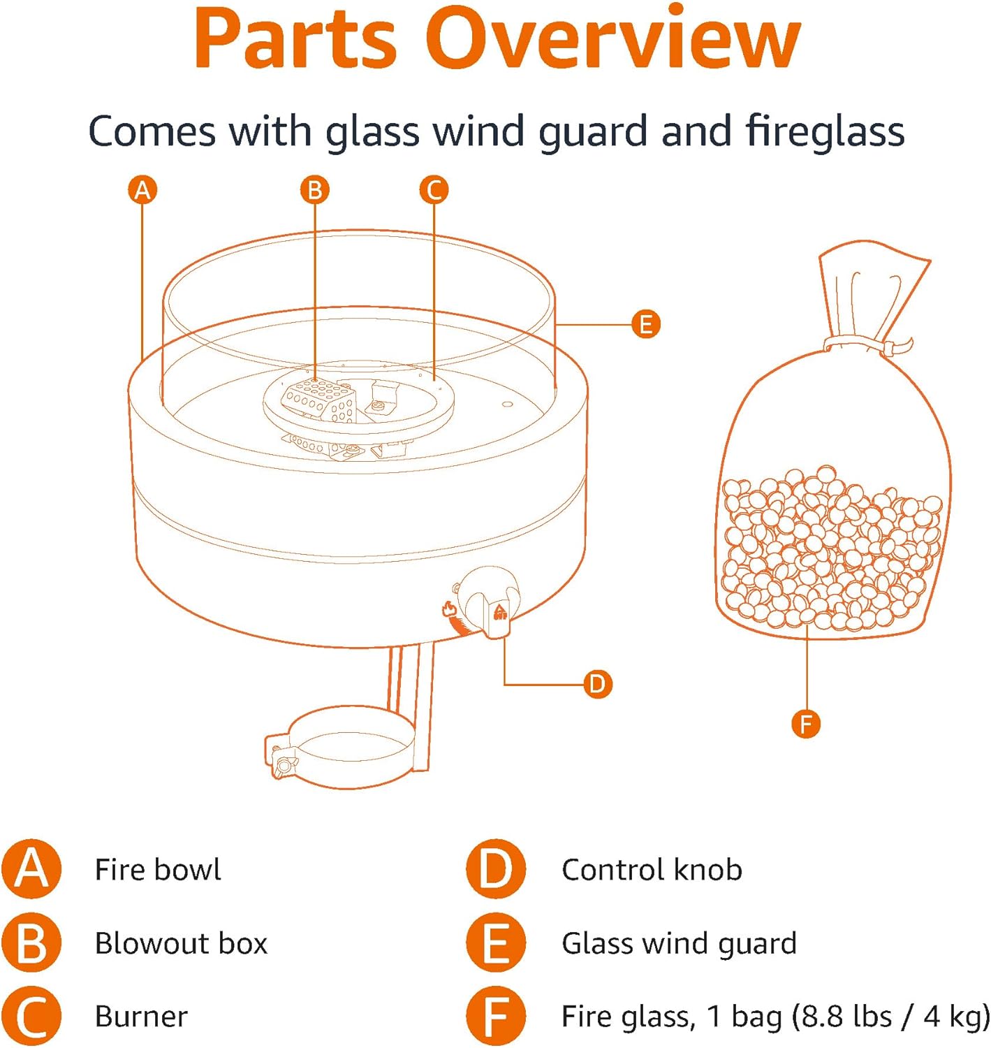 Amazon Basics 14-Inch Round Propane Fire Pit, 9000 BTU Portable Tabletop Fireplace with Glass Stones, Umbrella Hole Compatible for Outdoor Patio Tables & Camping, Brown