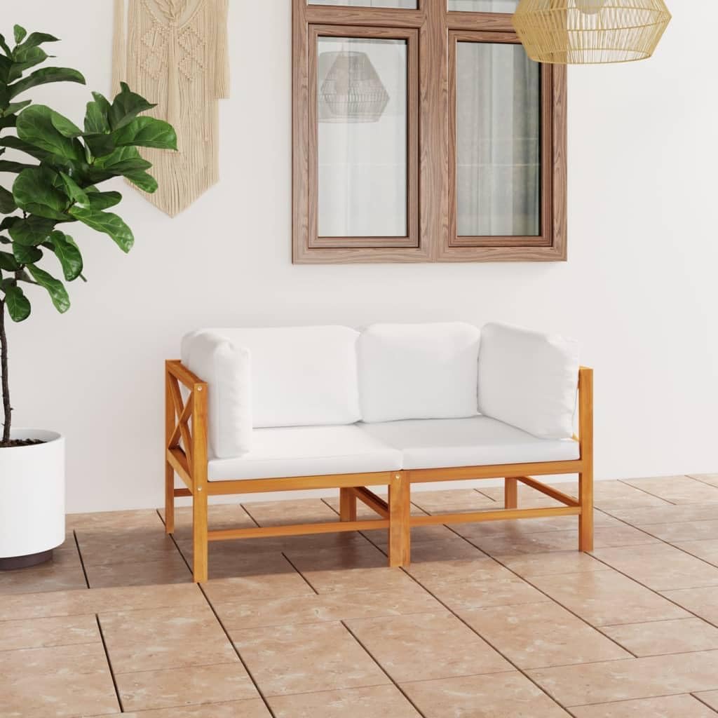 2-Seater Patio Sofa with Cream Cushions Solid Teak Wood Garden Furniture