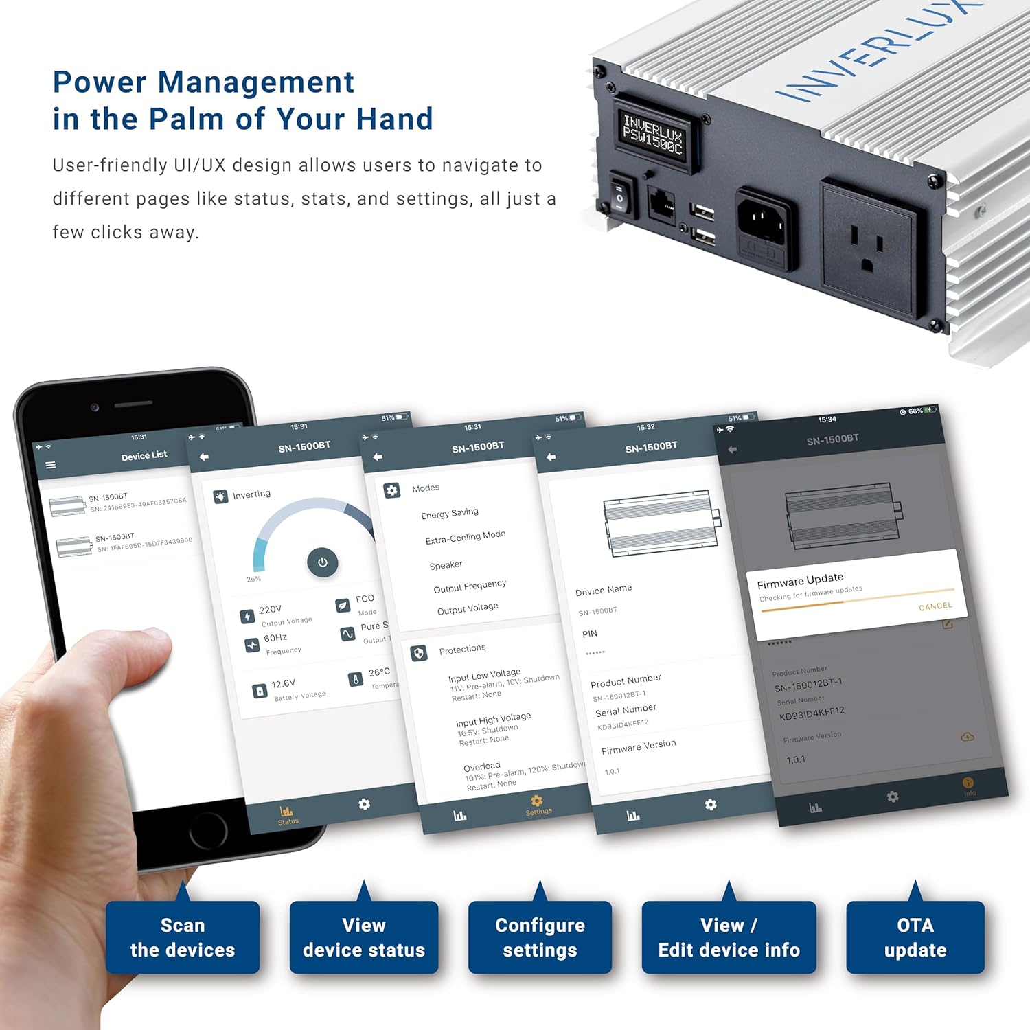 1500W Pure Sine Wave Inverter Charger with App Control, LCD Display, Auto Transfer Switch, Quick Charge 3.0 USB – Battery Backup System for Home, Sump Pump, Solar, and Power Outages