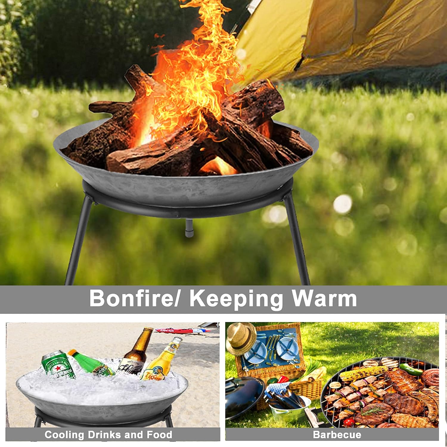Portable Fire Pits & Bowls, 22in Outdoor Wood Burning Steel BBQ Grill Firepit Bowl, Heating Basin for Patio Backyard Garden Camping Picnic Bonfire