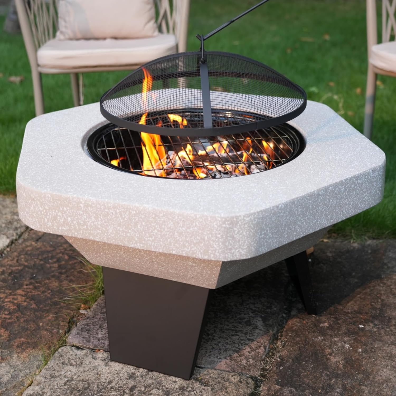 Wood Burning Concrete Outdoor Fire Pit,Heat Resistant MGO Ceramic Material Base with BBQ Grill Firepit for Patio Garden,Backyard Barbecue,Outdoor Gatherings (Grey 2)