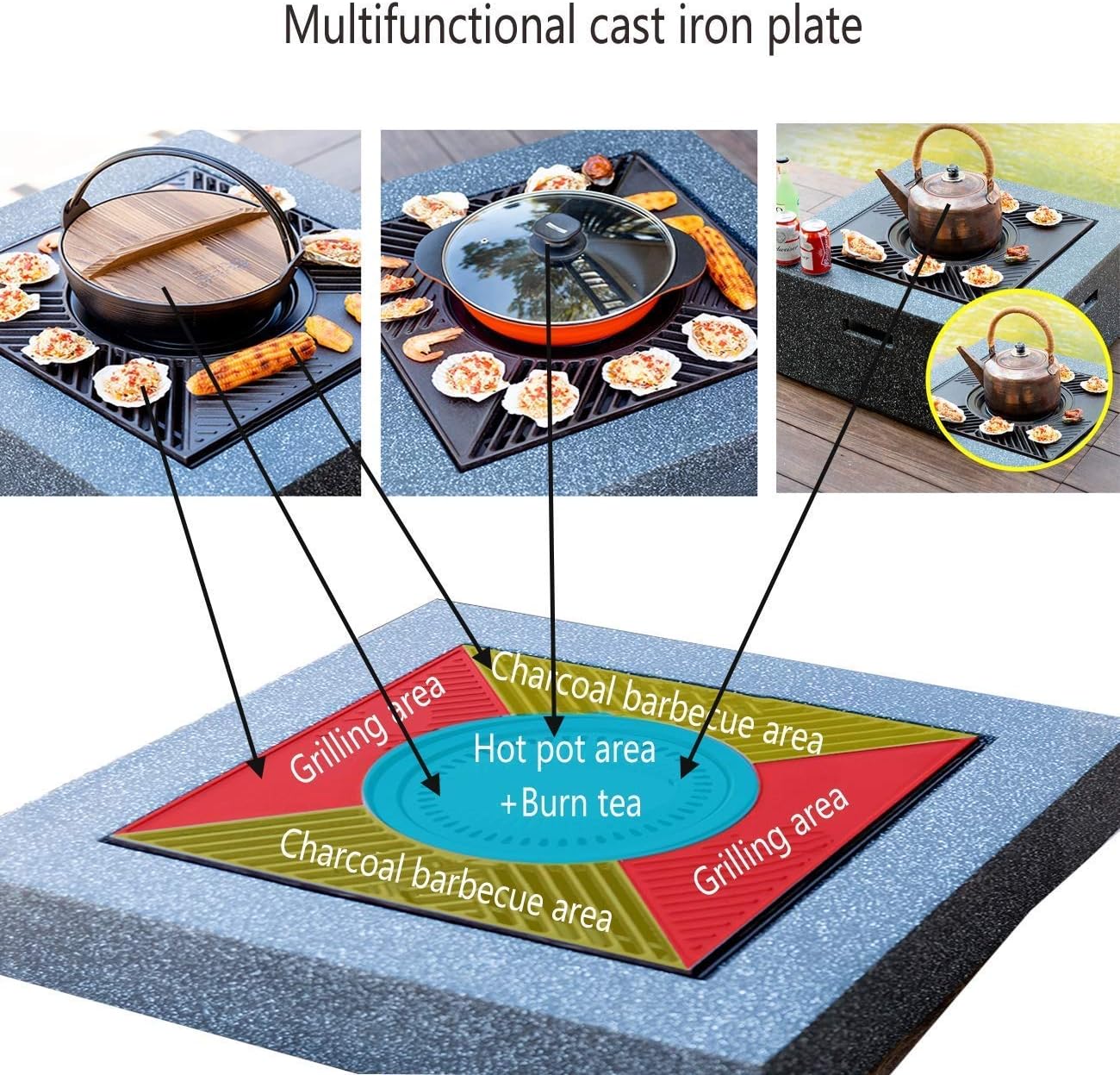 Fire Pits Bowls,for Garden BBQ Large Wood Burning with Grill and Lidtable Stone Table Cast Iron Outdoor Firepit for Log Burning 3 in 1