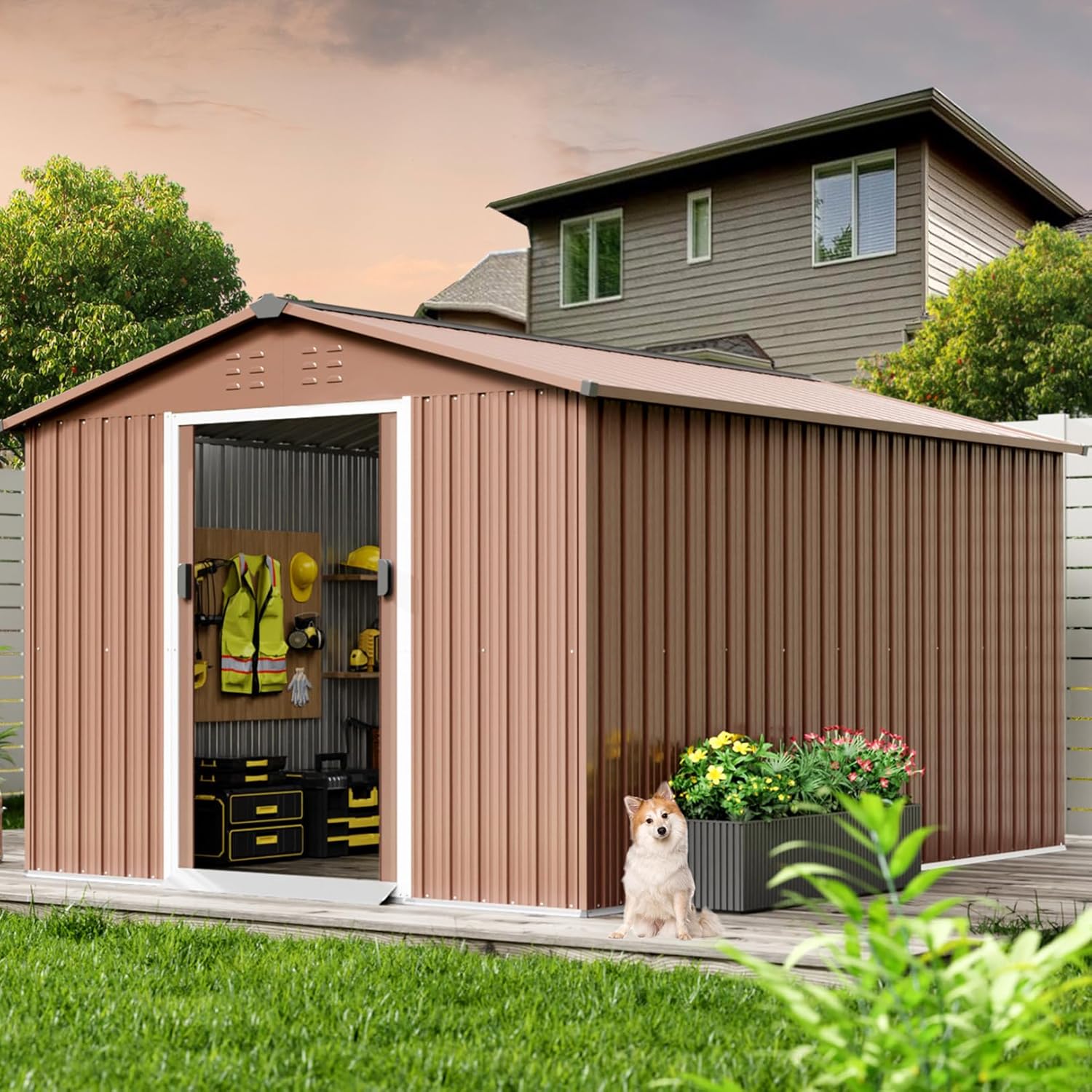 Acekool 8x15 FT Outdoor Metal Storage Shed, Large Garden Tool Shed with Lockable Door and Vents, Waterproof Galvanized Metal Sheds for Tools & Equipment, Garbage Can, Bike, Mower, Brown