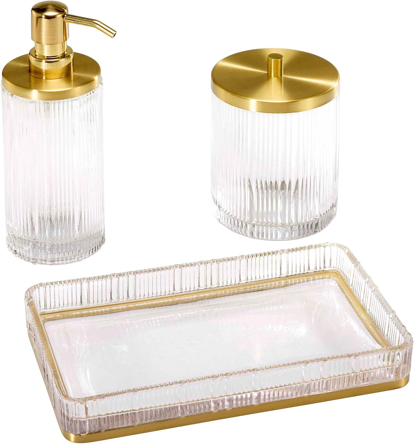 Nicole Miller - Bathroom Set, 3pc Glass Countertop Accessories, Dorm Room Essentials (Louise Collection, Clear)