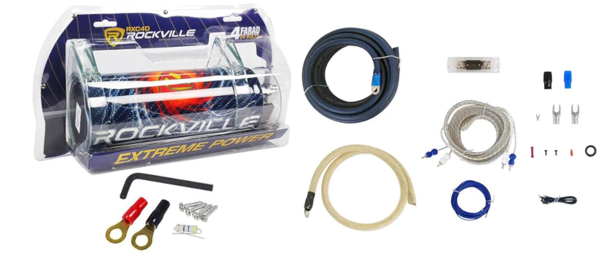 Rockville RXC4D Bundle: 4 Farad Digital Car Audio Power Capacitor with Blue LED Voltage Display, RWK01 0 Gauge Complete Amplifier Wiring Installation Kit with RCA Cables, 2-Items