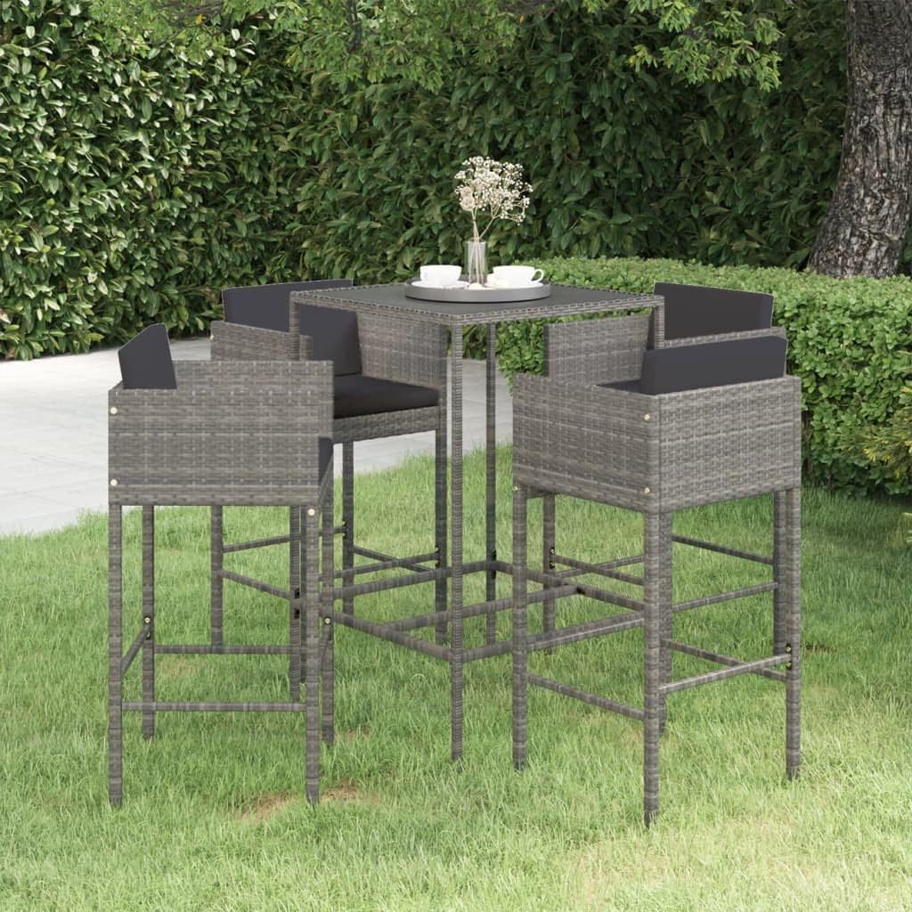 5 Piece Patio Bar Set with Cushions Poly Rattan Gray,Modern Outdoor Bar Set for Garden or Patio with Durable PE Rattan and Tempered Glass Top Furniture Sets for Patio, Lawn & Garden