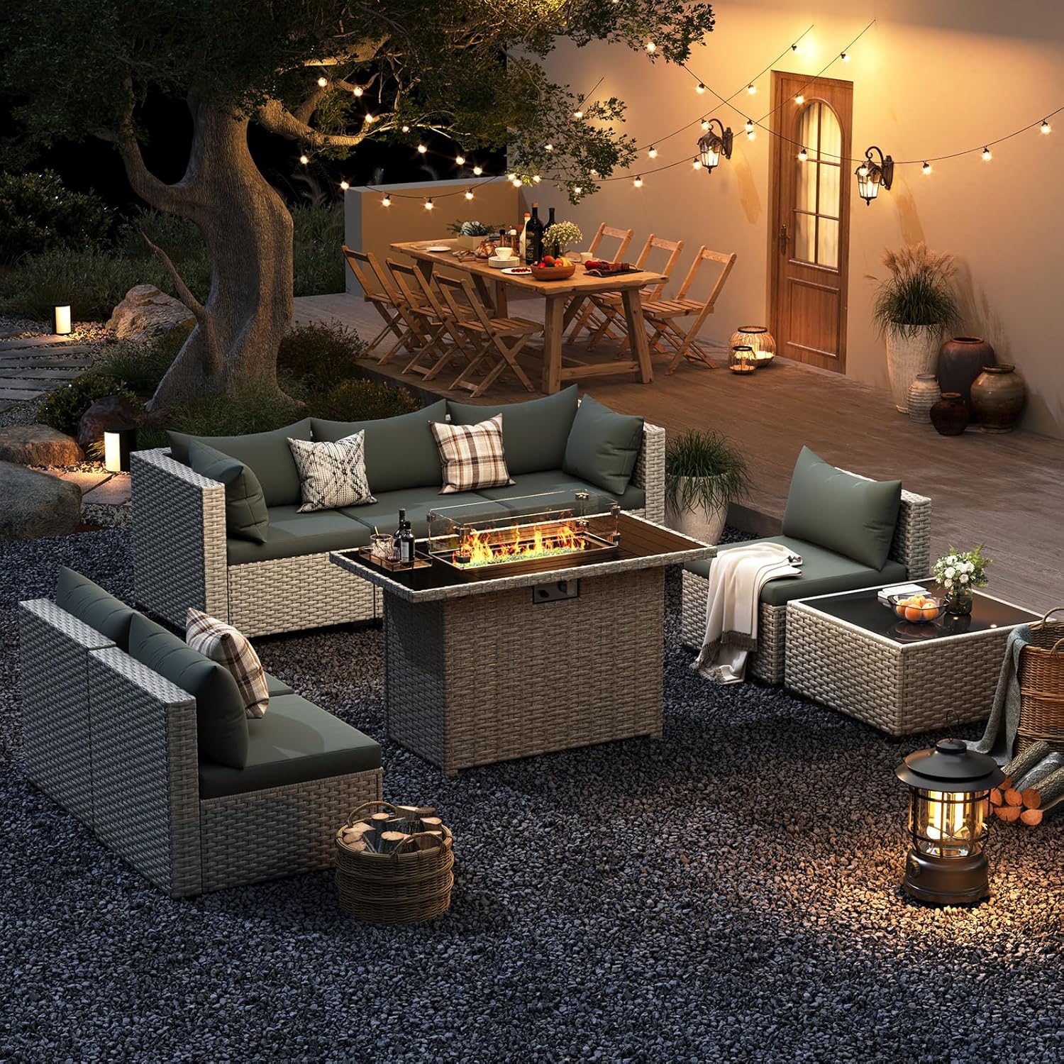 UDPATIO Patio Furniture Set with Fire Pit Table, 8 Pieces Outdoor Sectional Sofa, PE Wicker Patio Conversation Set for Garden, Backyard Green