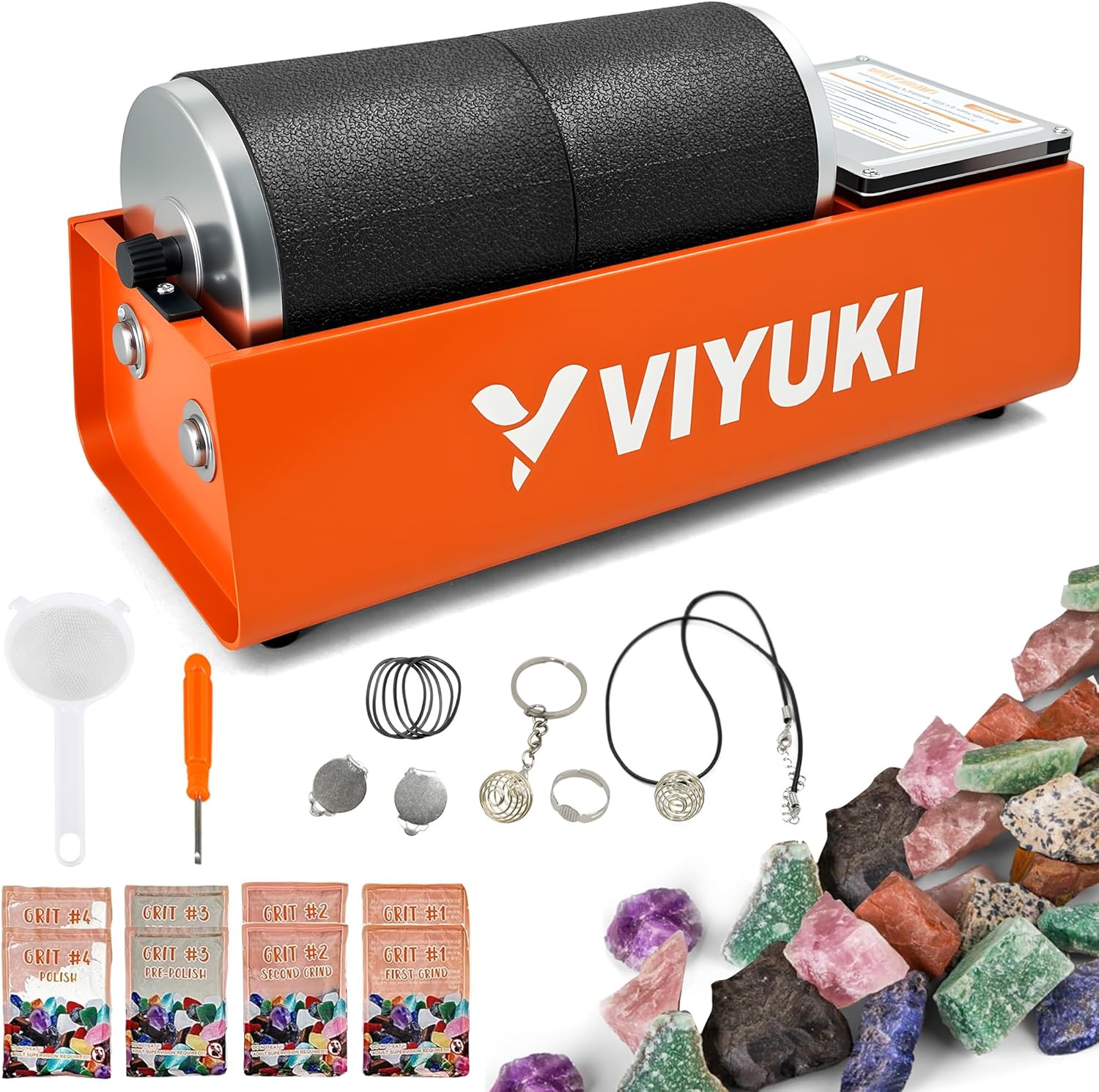 Professional Rock Tumbler Kit - Double Drum 6LB Lapidary Polisher for Adults (Double Barrel), Includes Rough Gemstones, 8 Polishing Grits, Jewelry, Learning Guide, Great Stem Science Kit