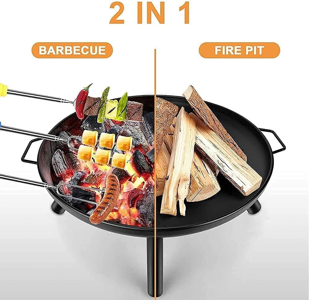 Outdoor Fire Pit, 24Inch Patio Stove Wood Burning BBQ Grill Fire Pit Bowl Round Shape Wood Burning Firepit for Camping Picnic Patio Backyard Garden Bonfire Beaches Park