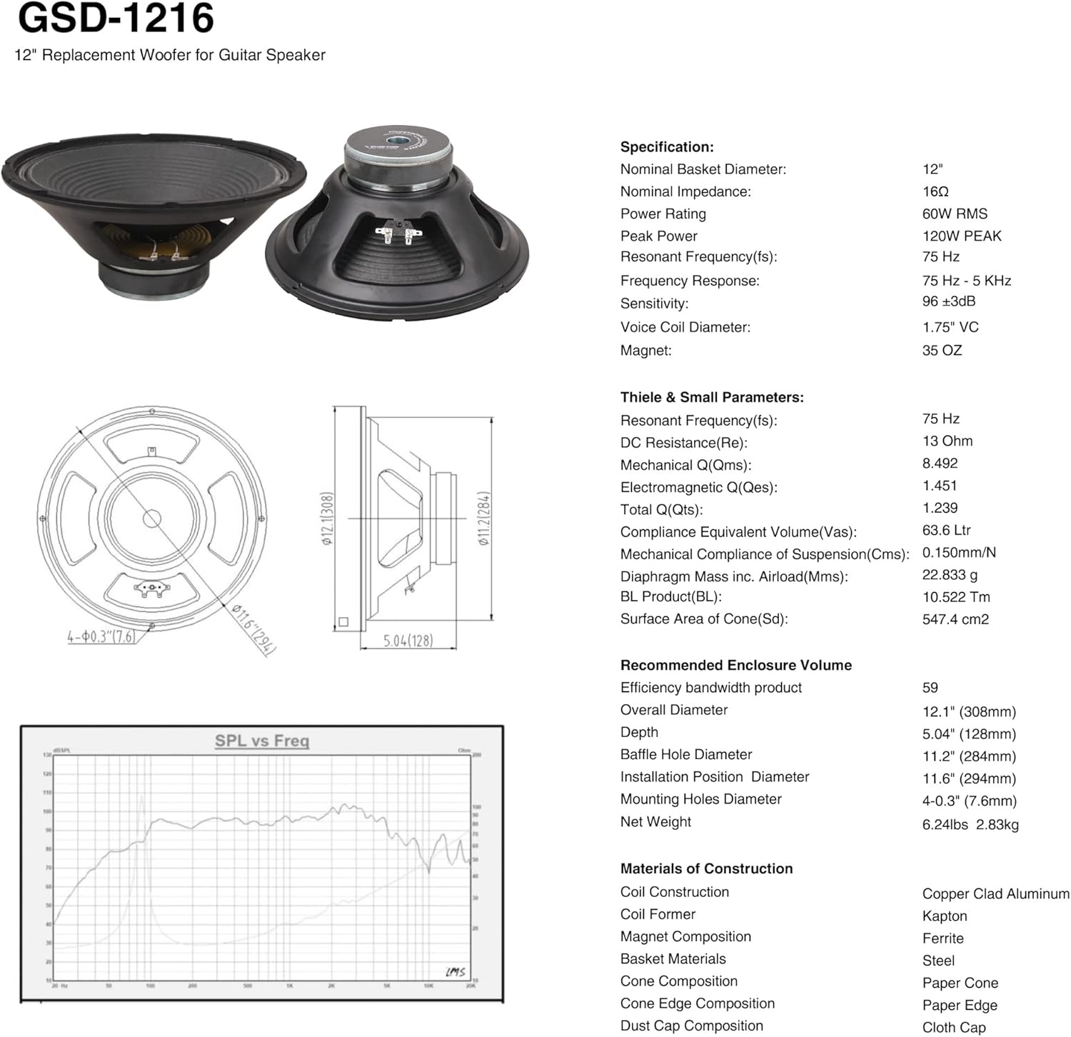 Sound Town 12-Inch 65 Watt Replacement Guitar Speaker, 16-Ohm (GSD-1216)