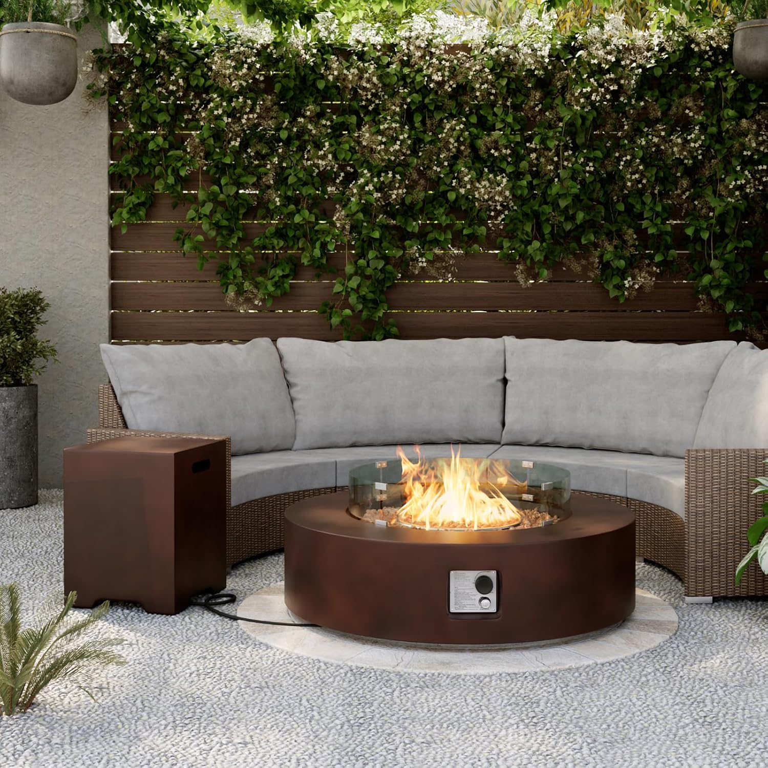 SUNBURY Outdoor Propane Fire Pit,Dark Brown Patio Fire Table 50000 BTU w 20 Gallon Tank Cover, Glass Wind Guard, Waterproof Cover