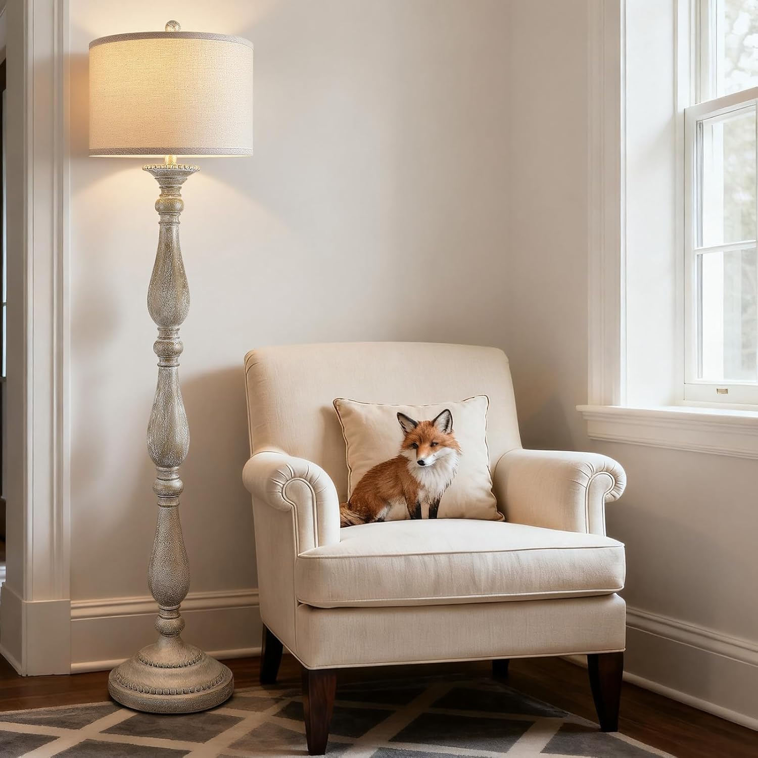 PARTPHONER Vintage Floor Lamp for Living Room, Rustic Farmhouse Standing Lamp with Rotary Switch and Linen Shade, Retro Resin Floor Lamp for Bedroom, Corner, Dining Room, House Decor, Grey