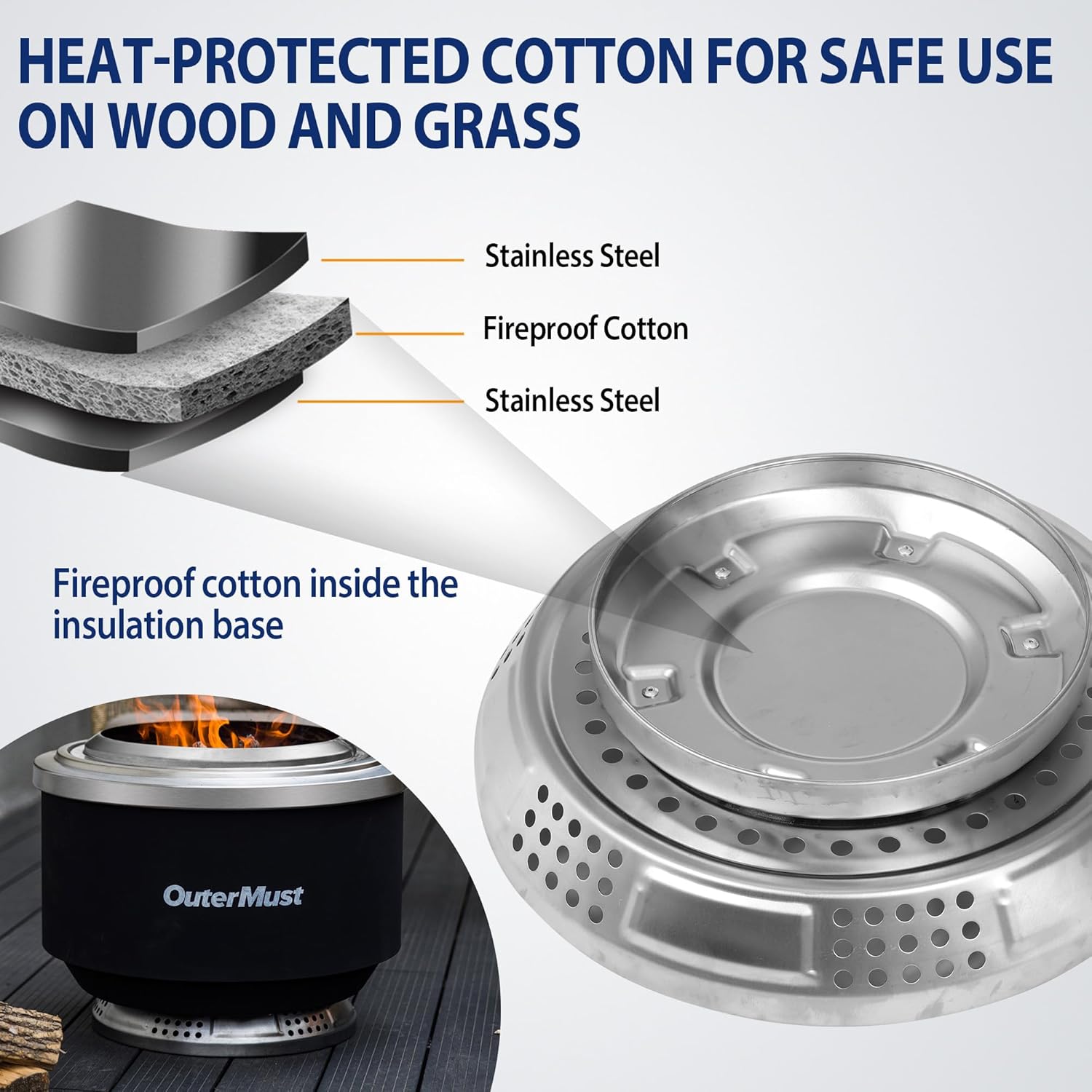 24 Inch Smokeless Fire Pit for Outside with Deck Safe Stand Wood Burning Outdoor Fireplace with Ash Pan for 5-7 Persons Stainless Steel Portable Bonfire for Patio, Deck, Backyard & Camping