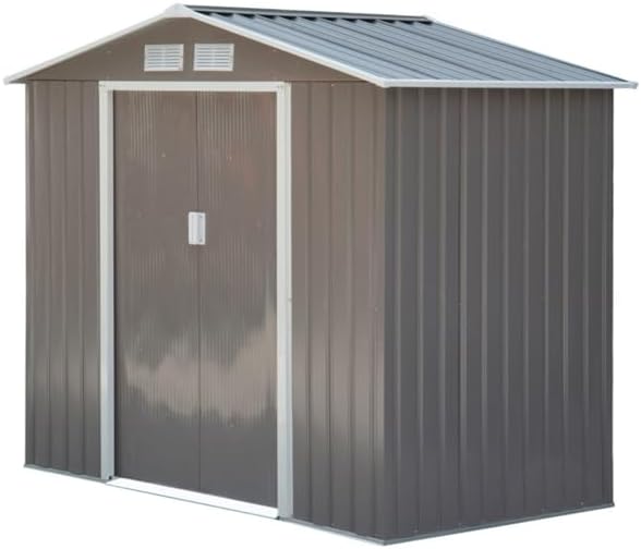 Steel Garden Storage Shed 7x4 ft – Weather-Resistant Outdoor Tool Storage House with Double Sliding Doors, Sloped Roof, Vents, and Foundation Kit (Brown)