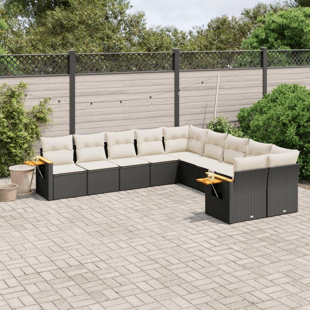 10-Piece Garden Sofa Set Black, Cream White, PE Rattan Acacia Wood Outdoor Patio Furniture Seating for 10, Weather-Resistant Balcony Dining