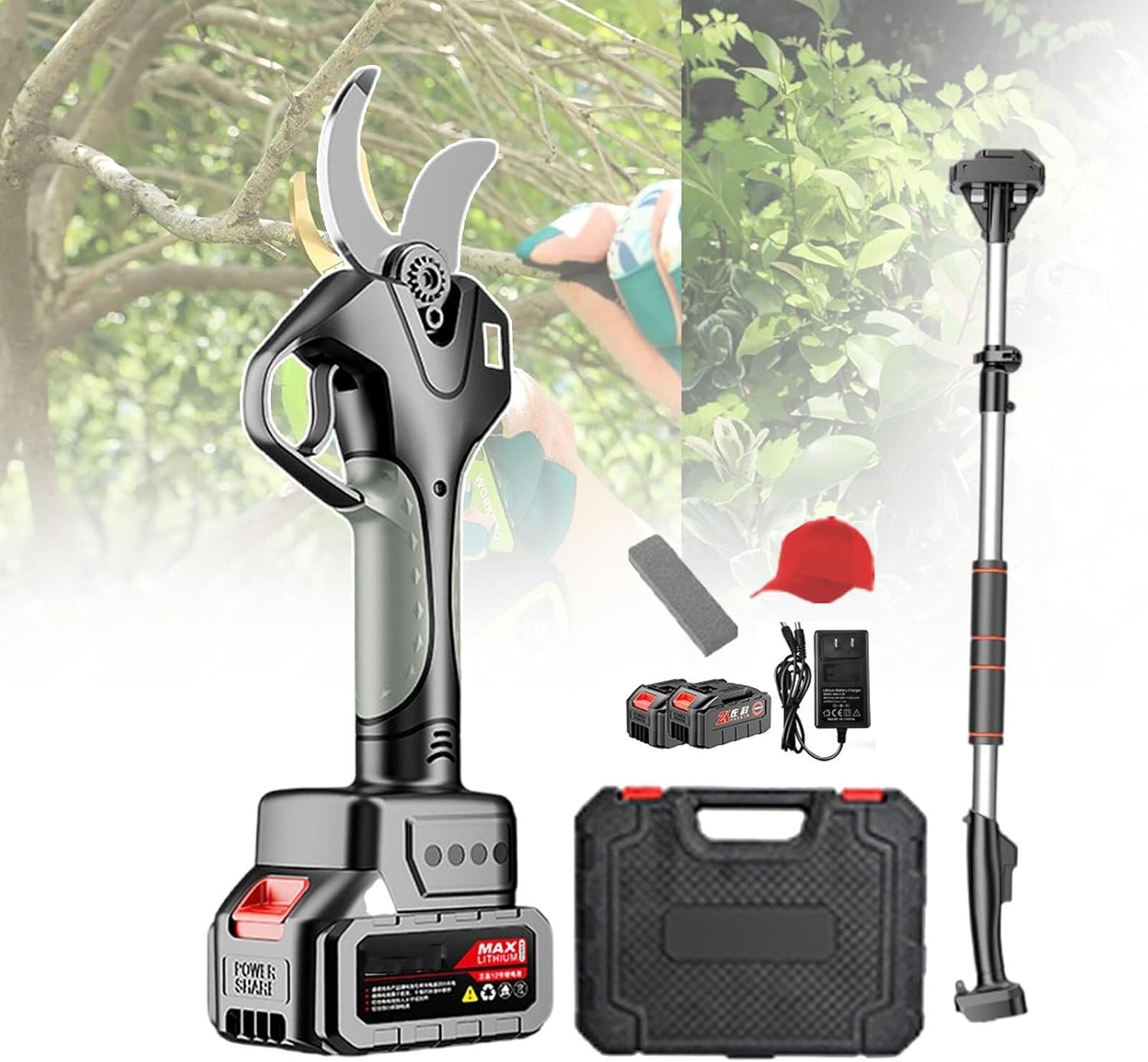 21V Electric Pruning Shears with Telescopic Pole, LCD Display, 2 Removable Batteries, Professional Cordless Tree Pruner for Garden, Orchard Farm Use