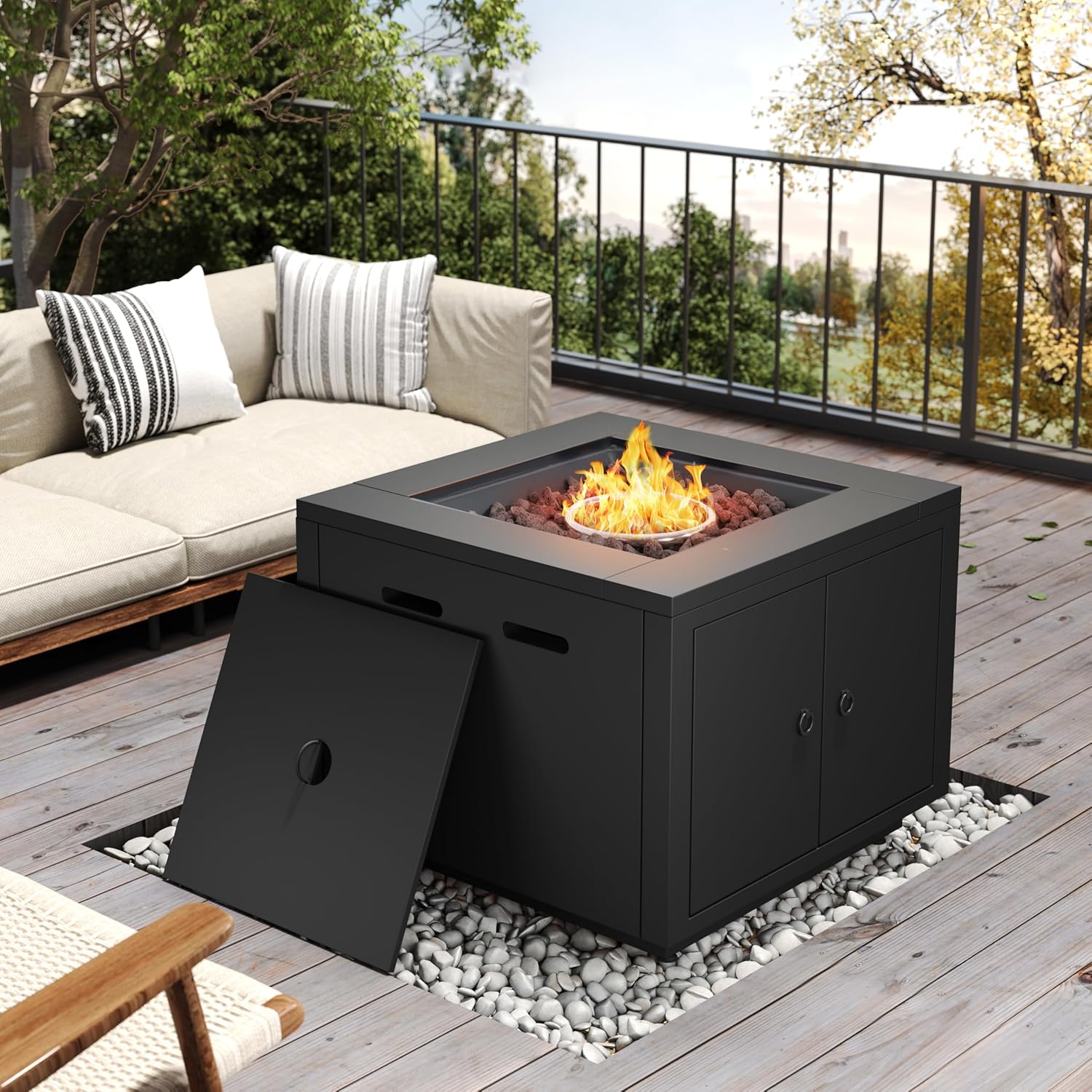 Christopher Knight Home Senna Outdoor Fire Pit with Lava Rocks and Protect Cover, Galvanized Steel Construction Tank Table, 40000 BTU Square Tabletop Fire Pit, Patio Gas Fireplace Table, Black
