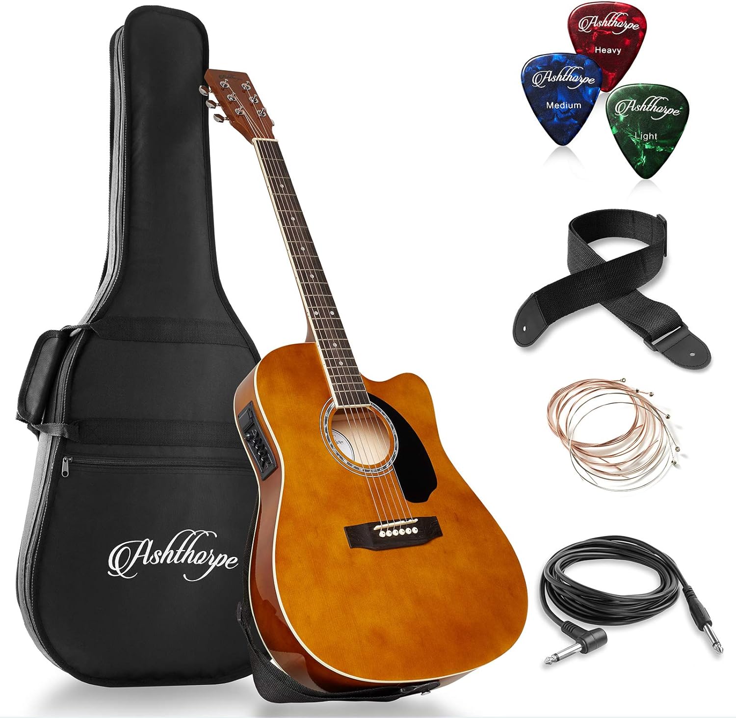 Ashthorpe Full-Size Cutaway Thinline Acoustic-Electric Guitar Package - Premium Tonewoods - Brown