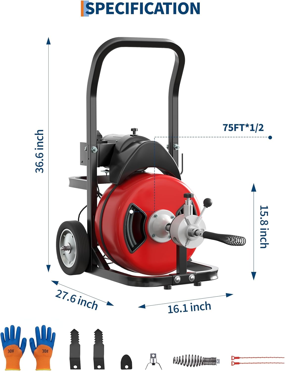 75FT x 1/2 Inch Steel Core Cable Portable 370W Electric Drain Cleaning Machine With Sewer Auger, Cutter, Air-activated Foot Switch, Wheels