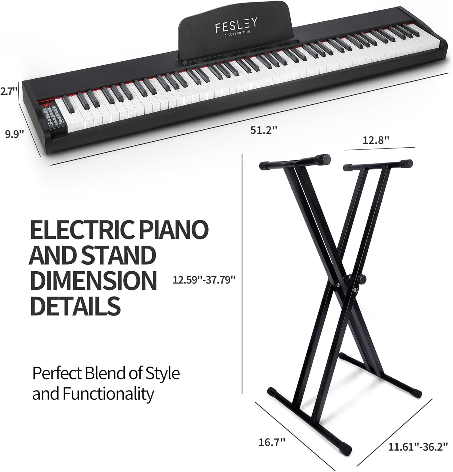 Fesley Semi-weighted Piano Keyboard 88 Keys with Stand, Full-Size Electric Keyboard Piano for Beginners,Portable 88 Key Keyboard with 900 Tones,700 rhythms,110 demo songs,USB-MIDI, FEP300X, Black