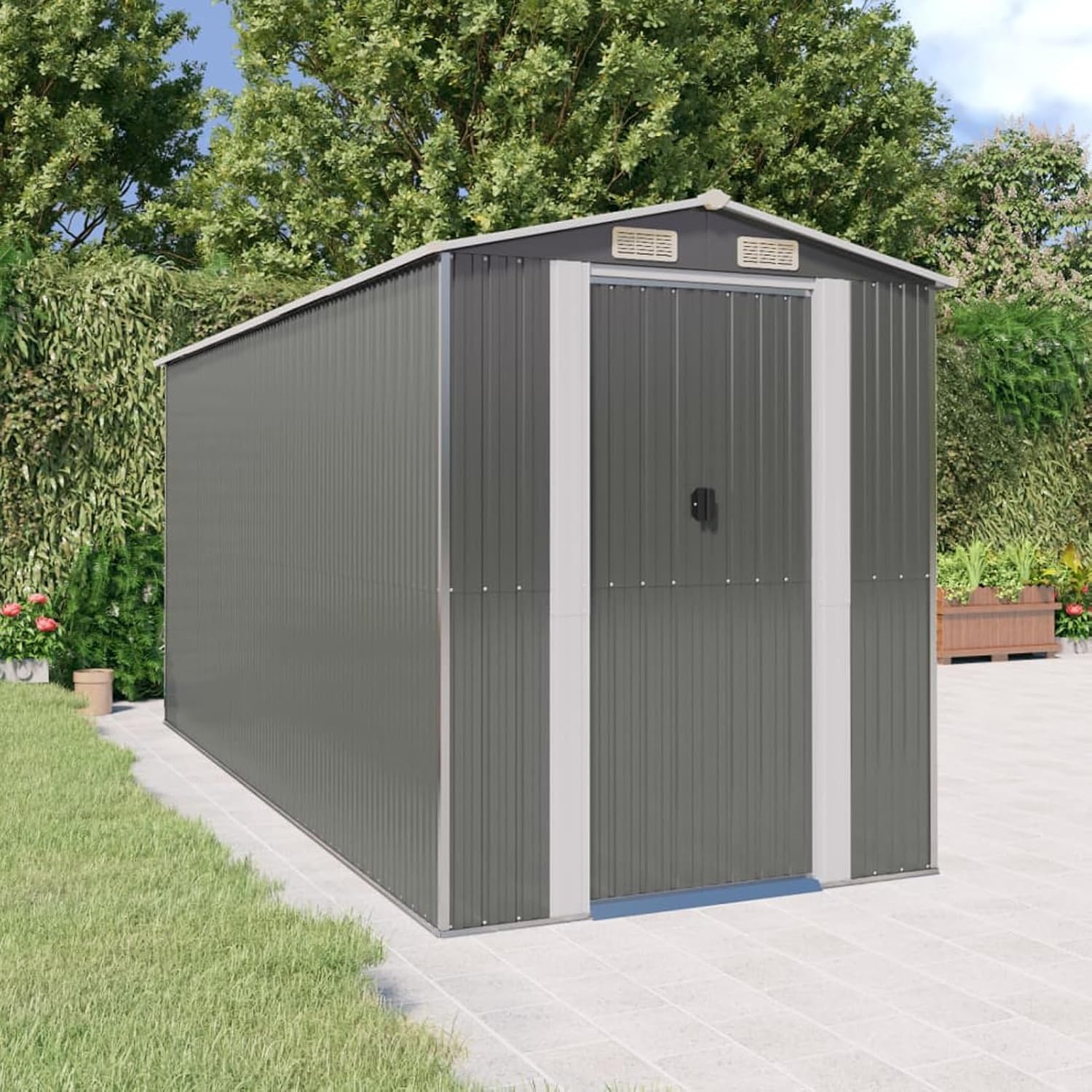 Garden Shed Garden Tool Storage Shed with Vent, Outdoor Galvanized Steel Storage House Storage Organizer with Door for Backyard, Garden, Patio, Lawn - Light Gray 75.6